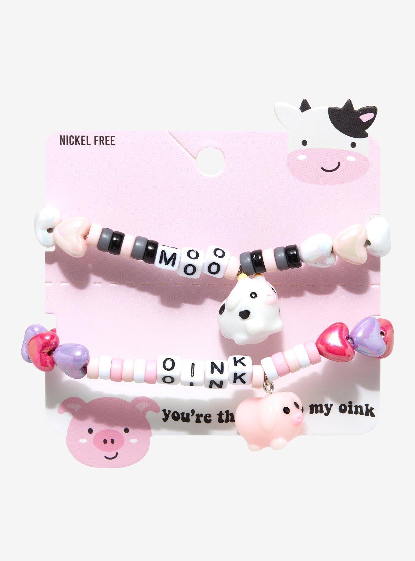 Pig & Cow Charm Best Friend Beaded Bracelet Set, , hi-res