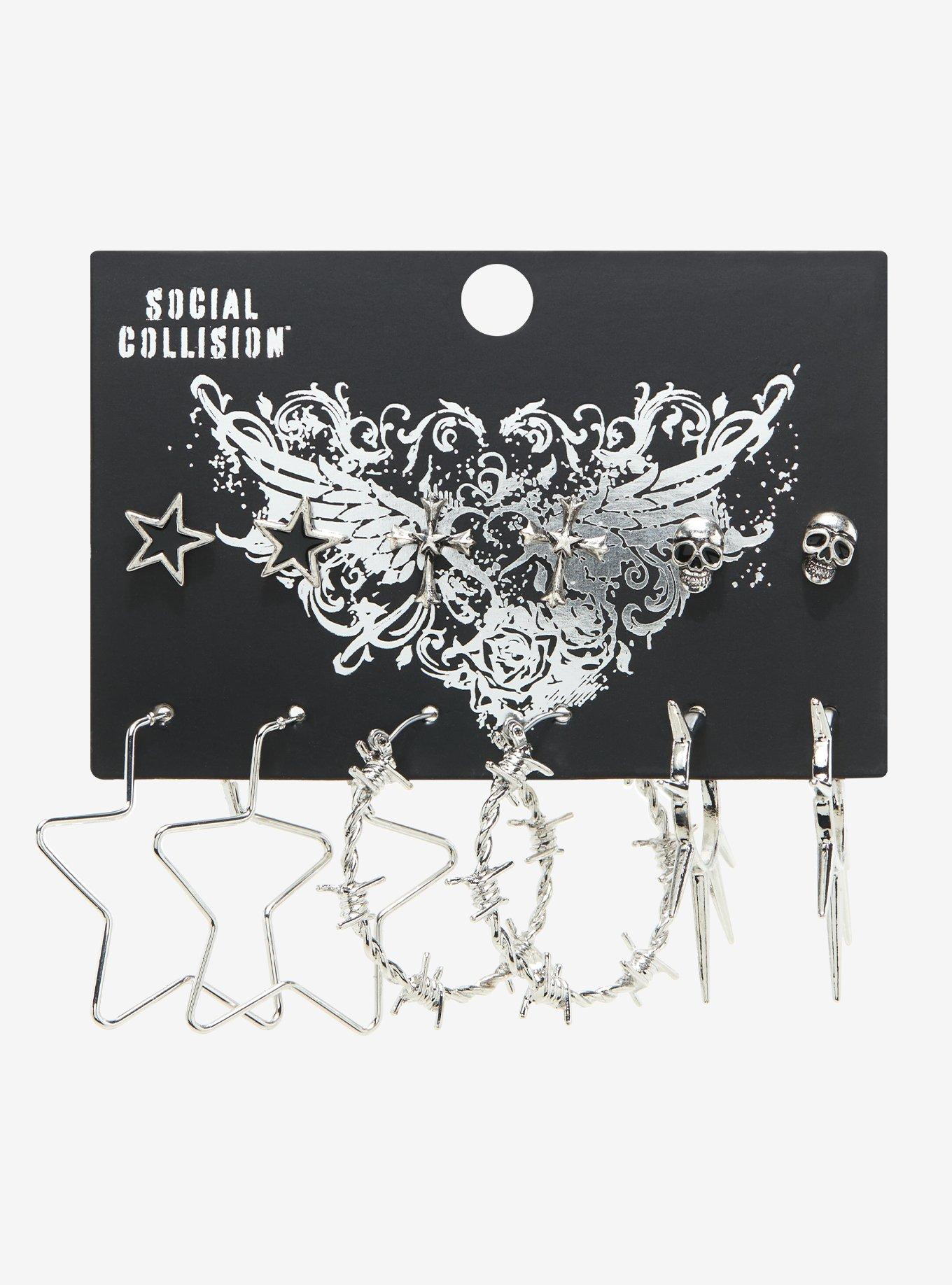 Social Collison Star Cross Skull Earring Set, , hi-res