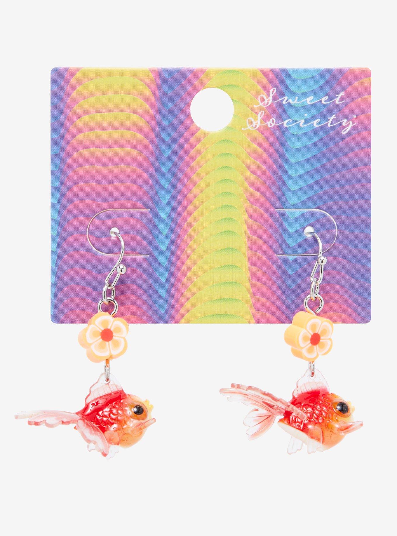 Pink Enamel Flower Gold Button Fish Hook Earrings 