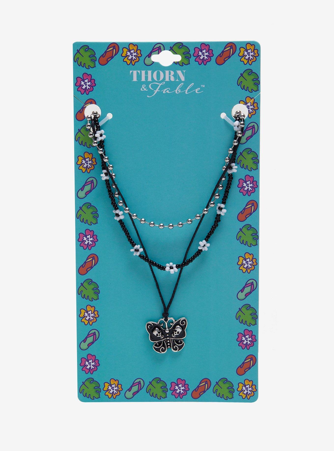 Thorn & Fable Skull Butterfly Bead Chain Necklace Set Hot Topic