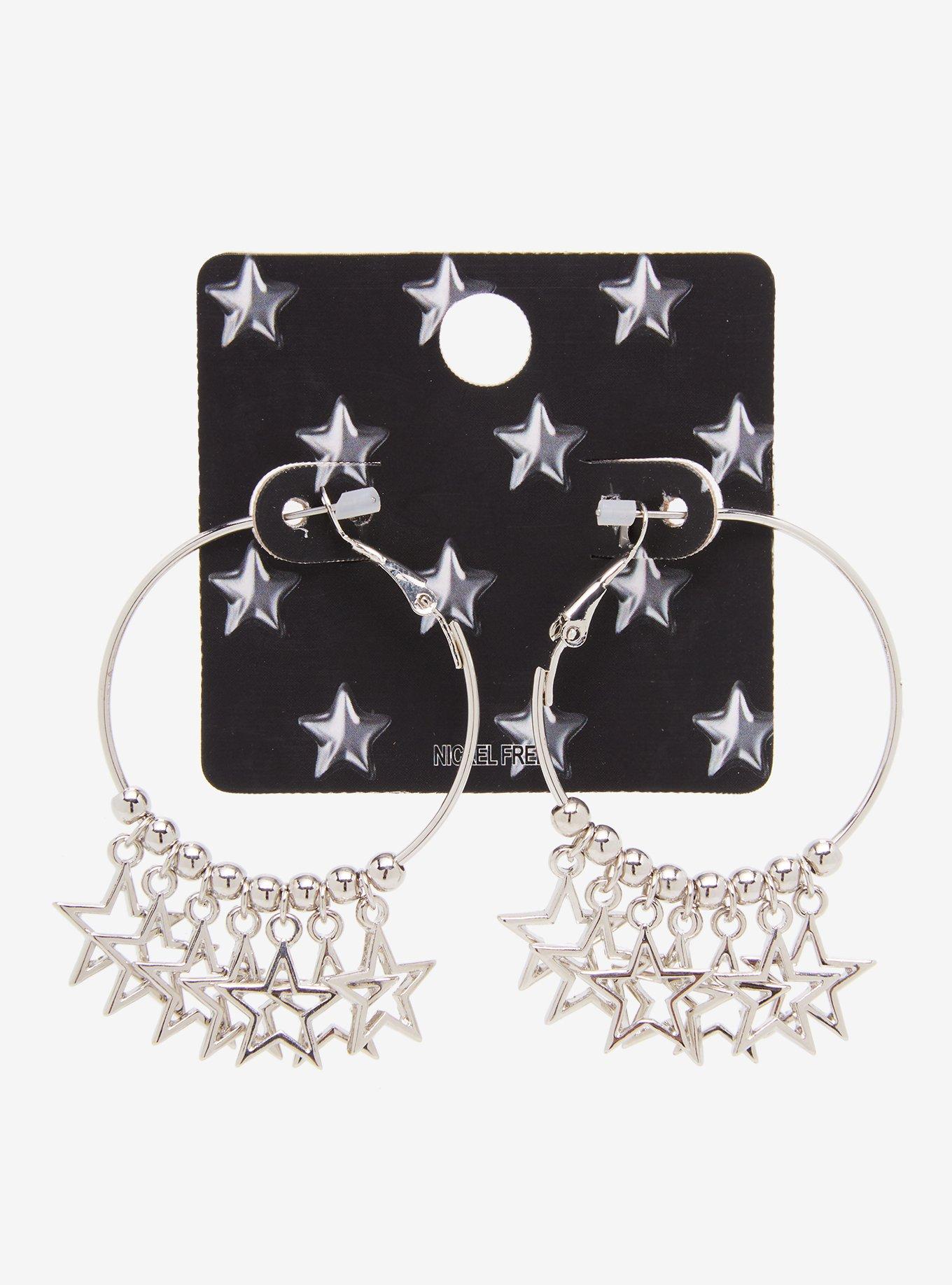 Silver Star Hoop Earrings, , hi-res