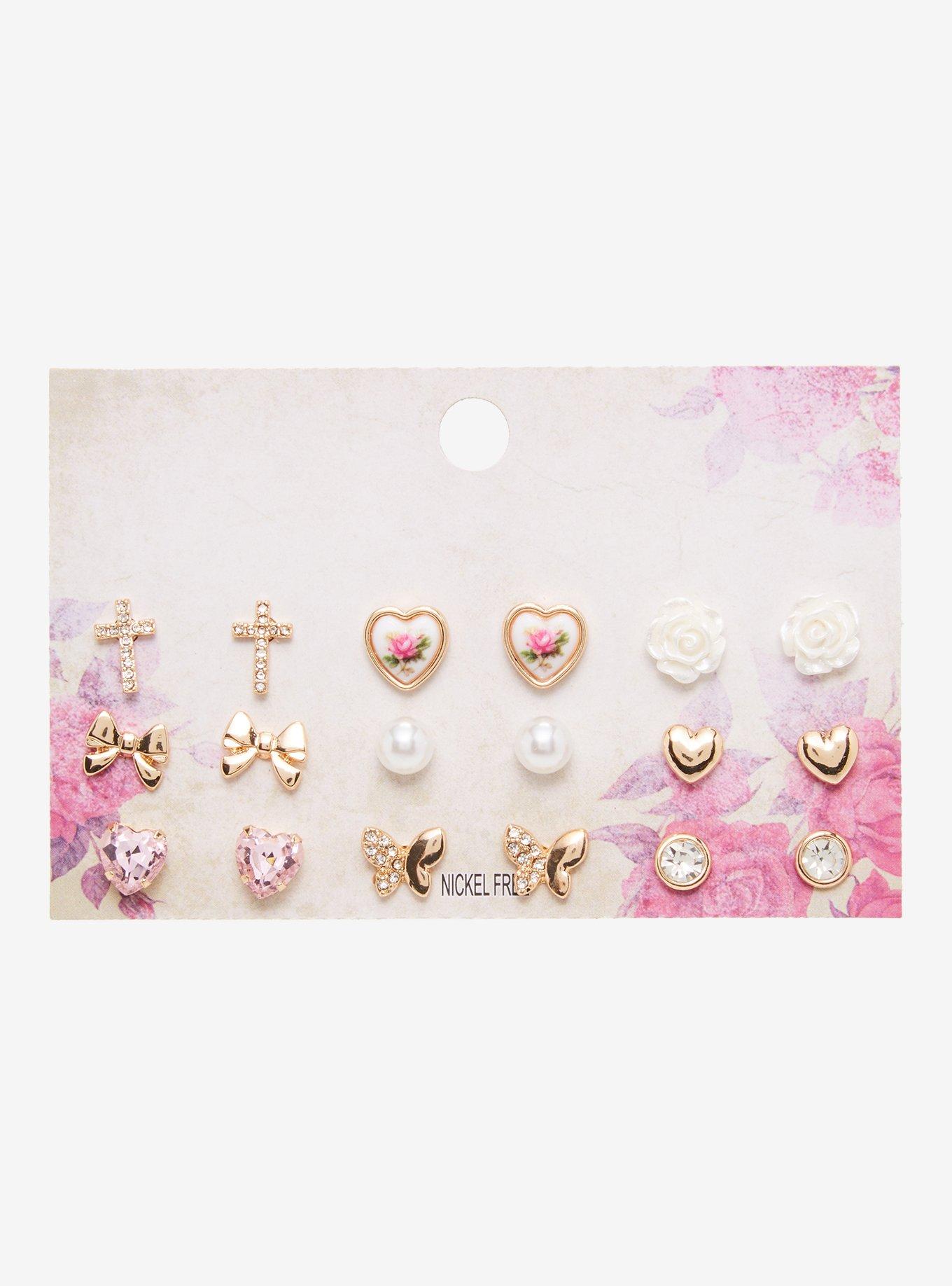 Bow Rose Heart Earring Set, , hi-res