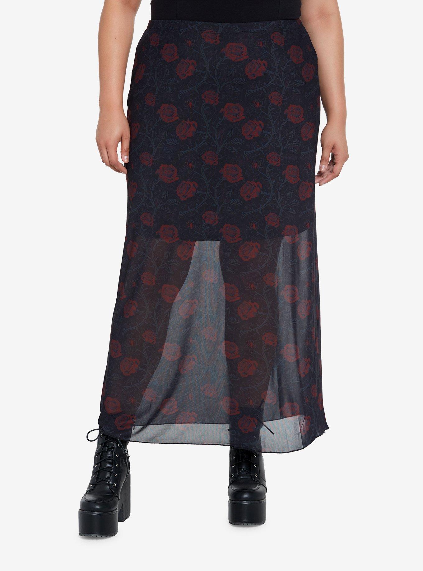 Red Rose Mesh Maxi Skirt Plus Size, ROSE, hi-res