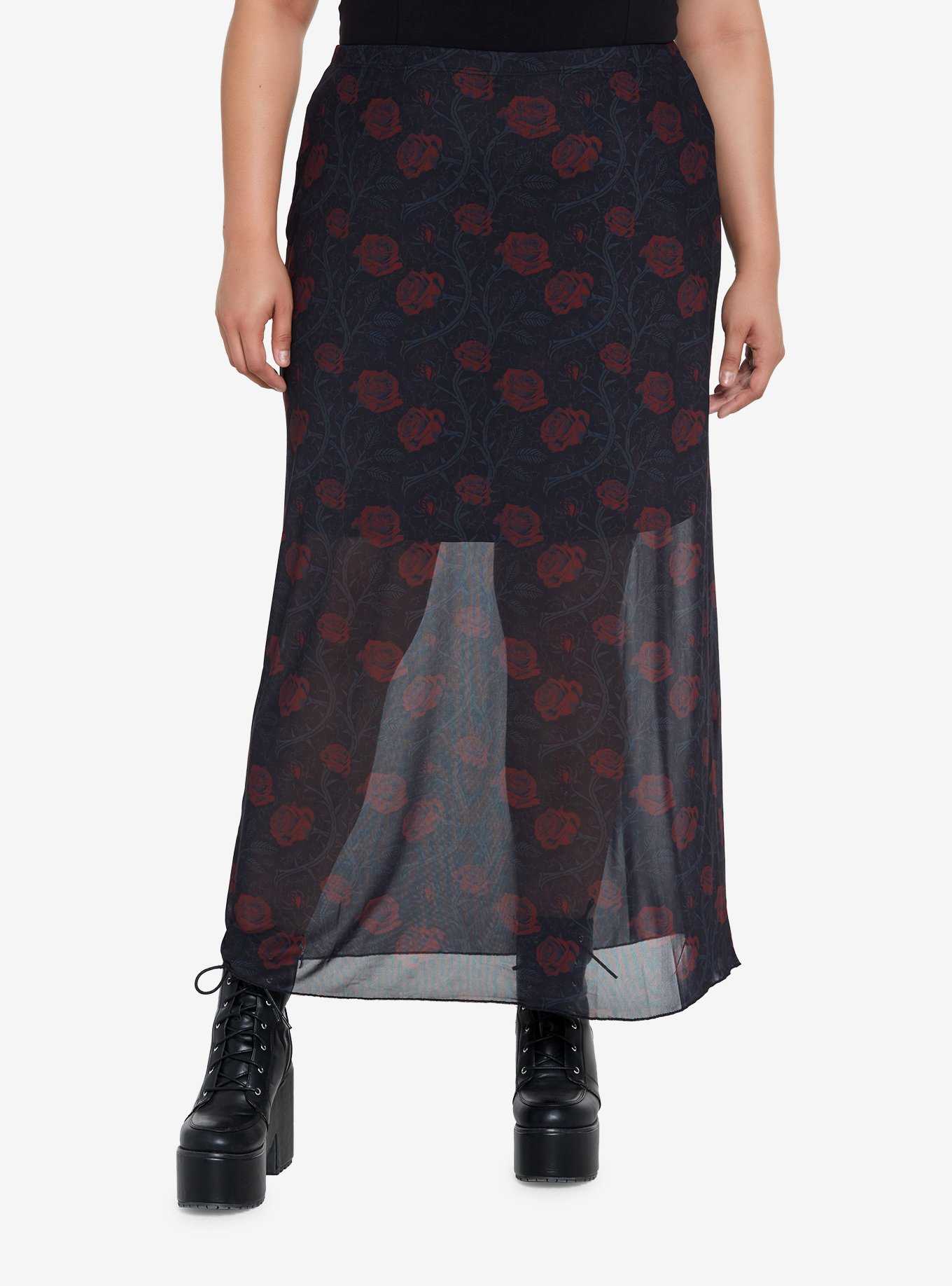 Red Rose Mesh Maxi Skirt Plus Size, , hi-res