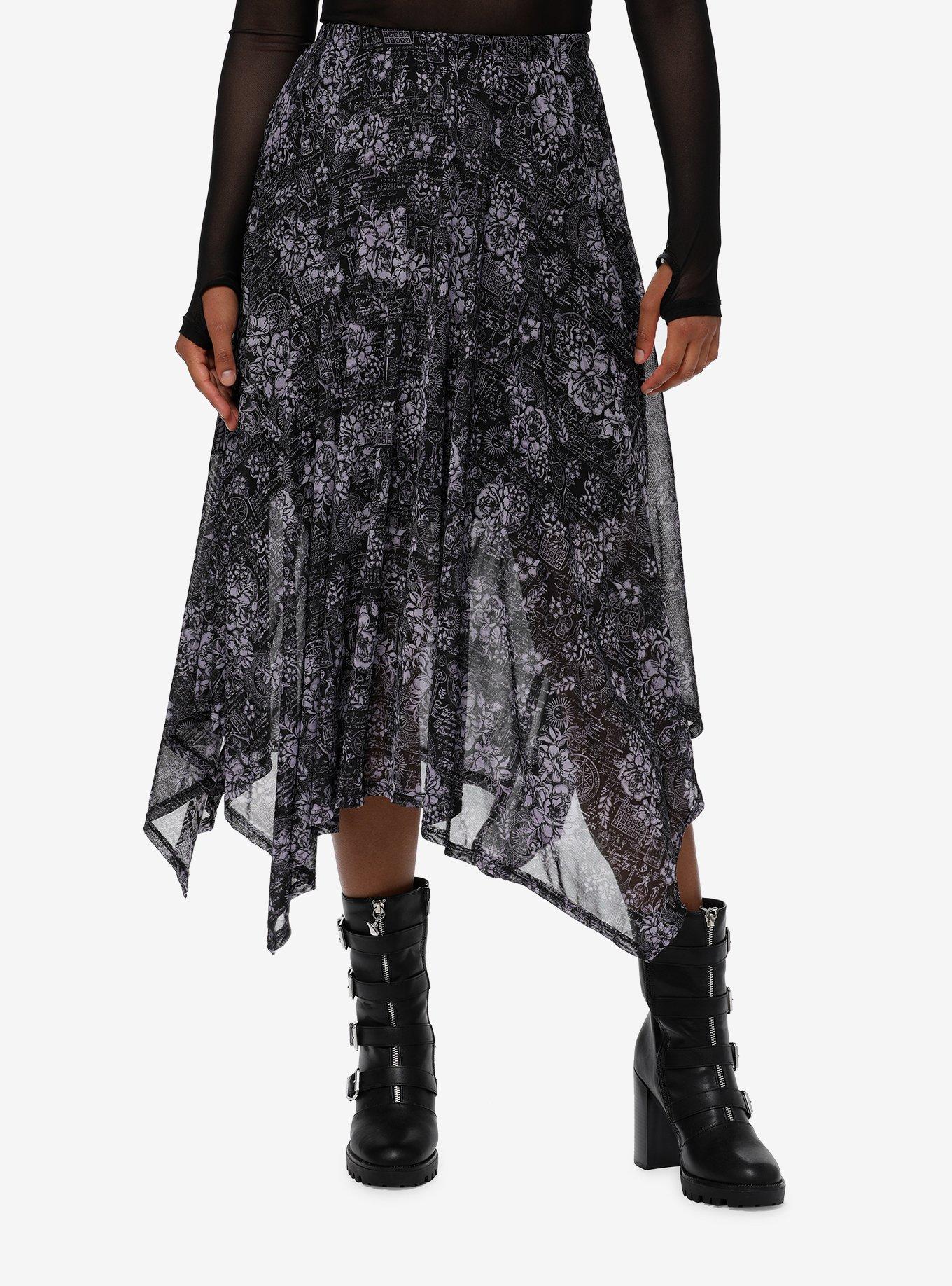 Purple Witch Print Hanky Hem Midi Skirt, FLORAL, hi-res