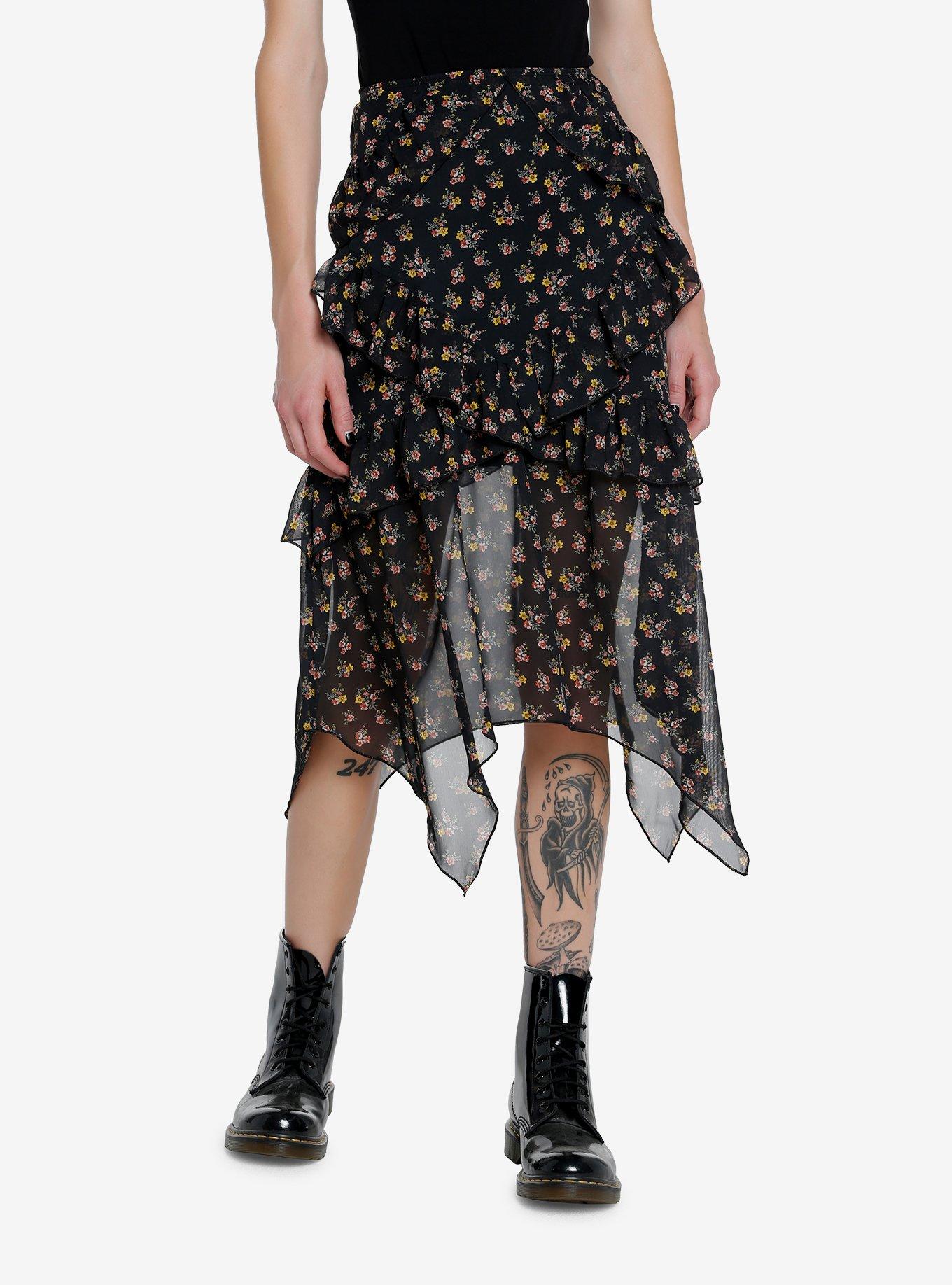 Black Floral Ruffle Hanky Hem Midi Skirt