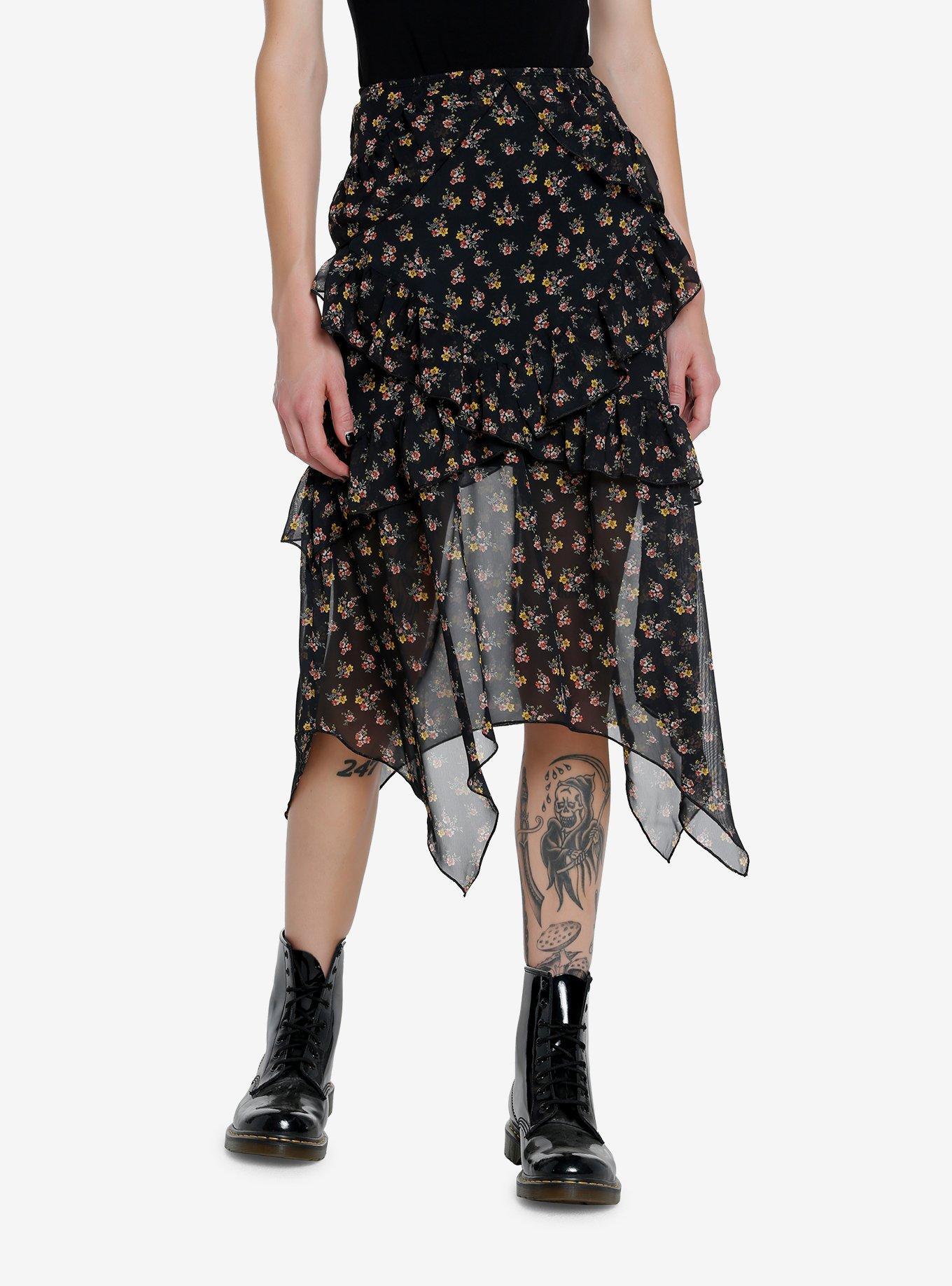 Black Floral Ruffle Hanky Hem Midi Skirt, , hi-res