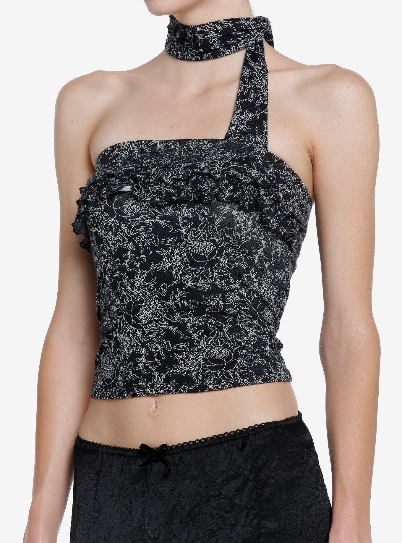 Black & White Floral Neck Wrap Girls Tube Top, BLACK, hi-res