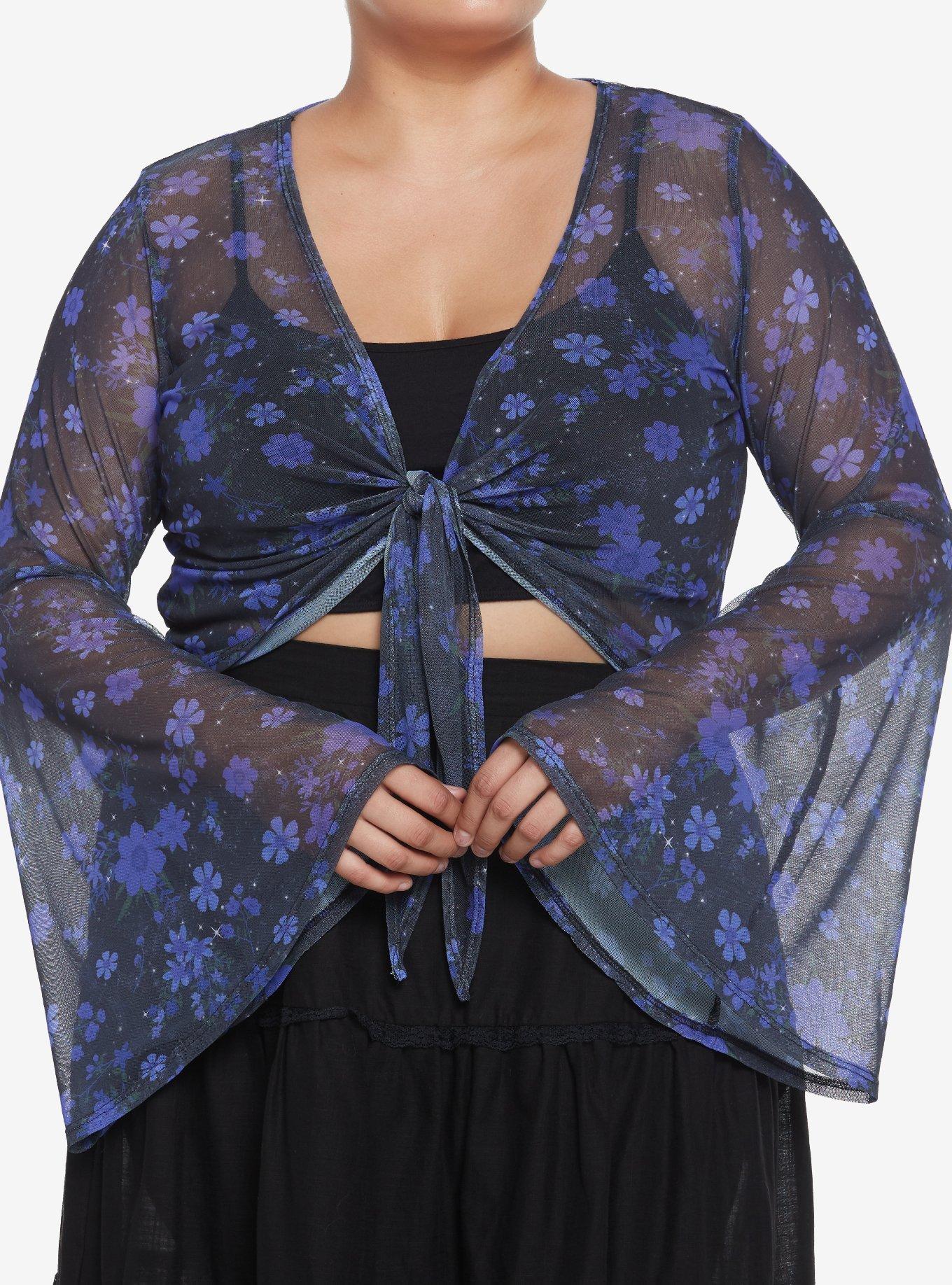 Purple Floral Mesh Girls Bell Sleeve Shrug Plus Size, FLORAL - PURPLE, hi-res