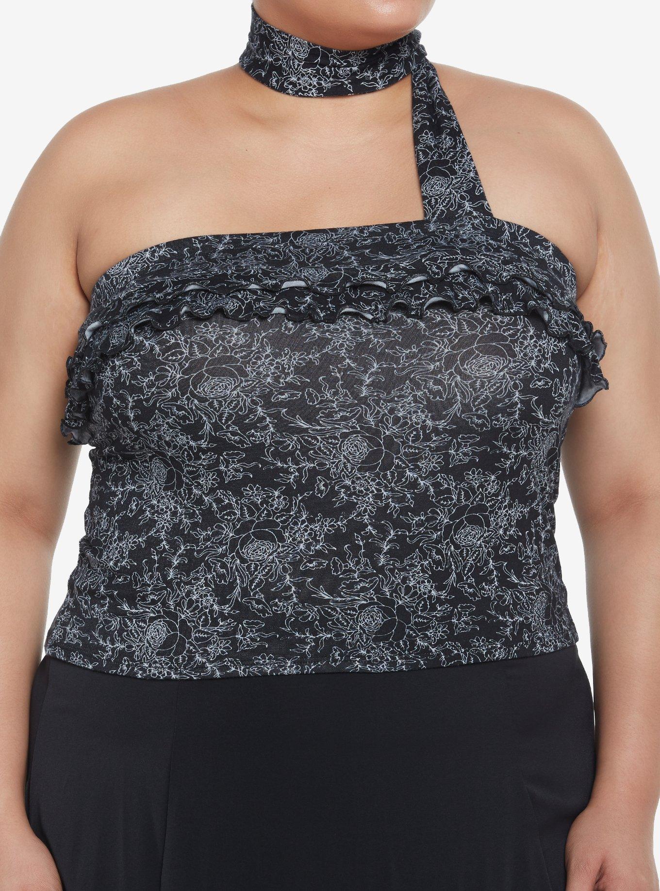 Black & White Floral Neck Wrap Girls Tube Top Plus Size, BLACK, hi-res