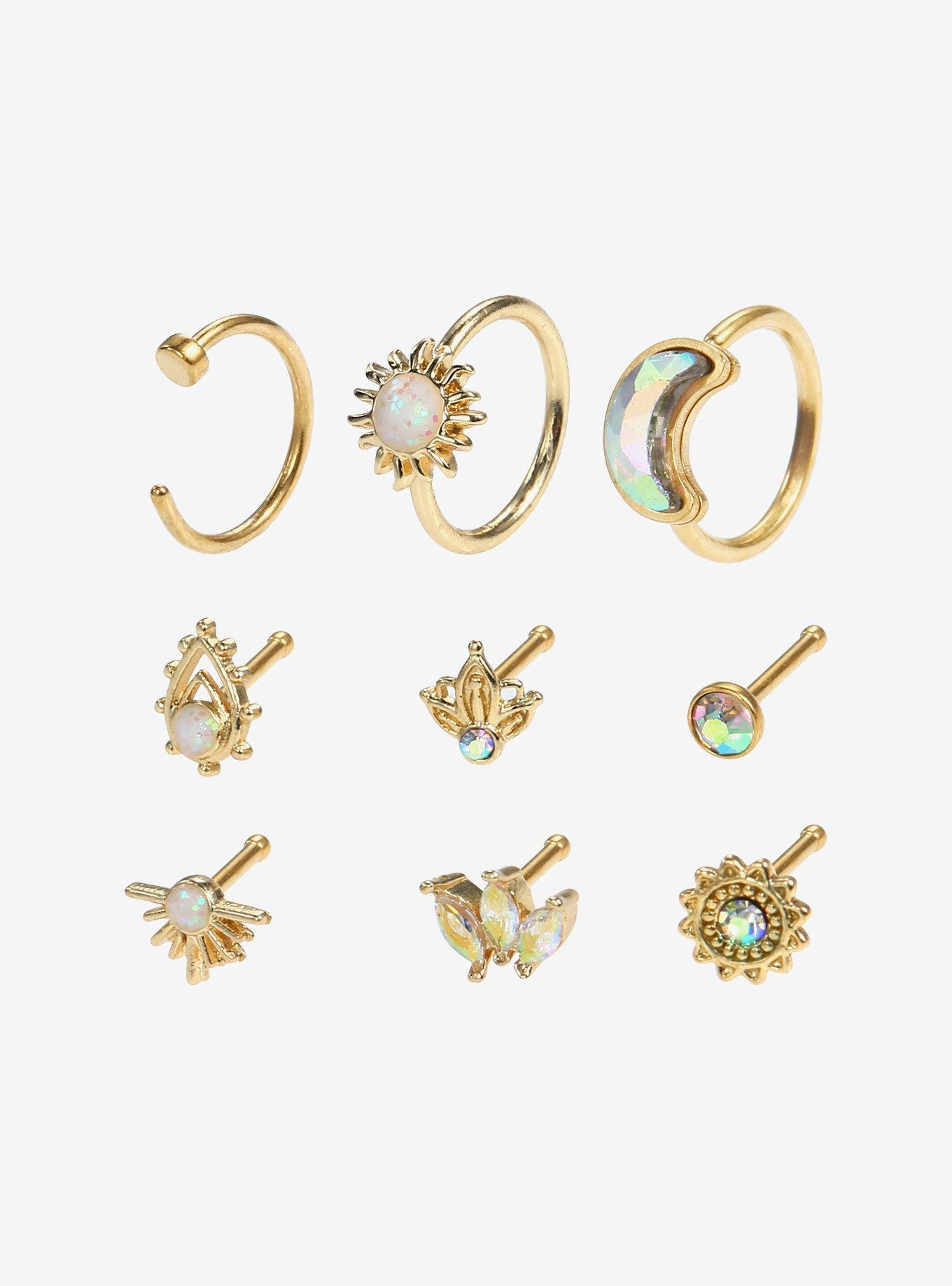 Steel Boho Celestial Nose Stud & Hoop 9 Pack, MULTI, hi-res