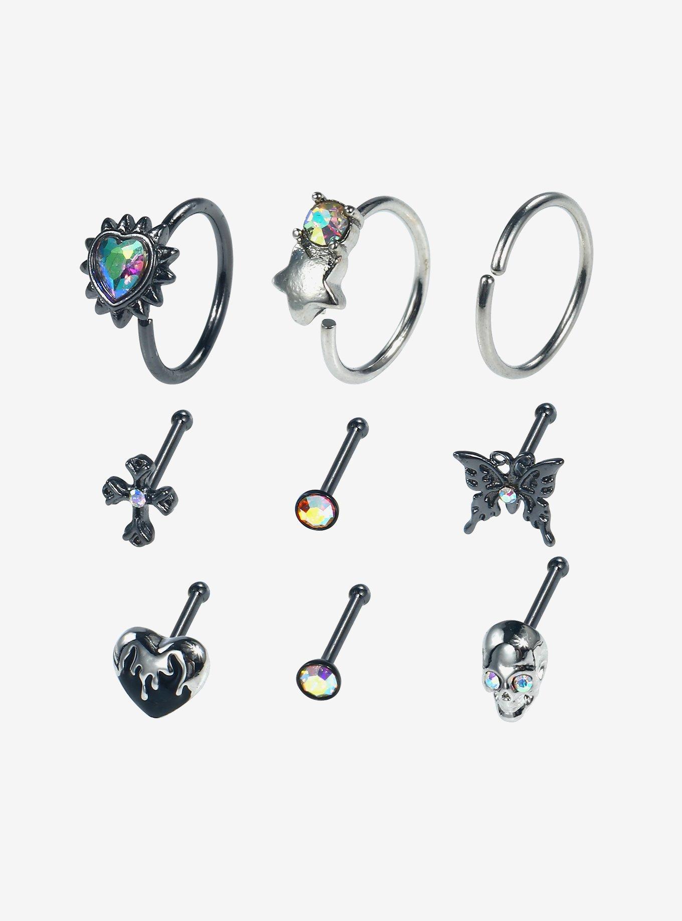 Steel Skull Cross Butterfly Nose Stud & Hoop 9 Pack, MULTI, hi-res