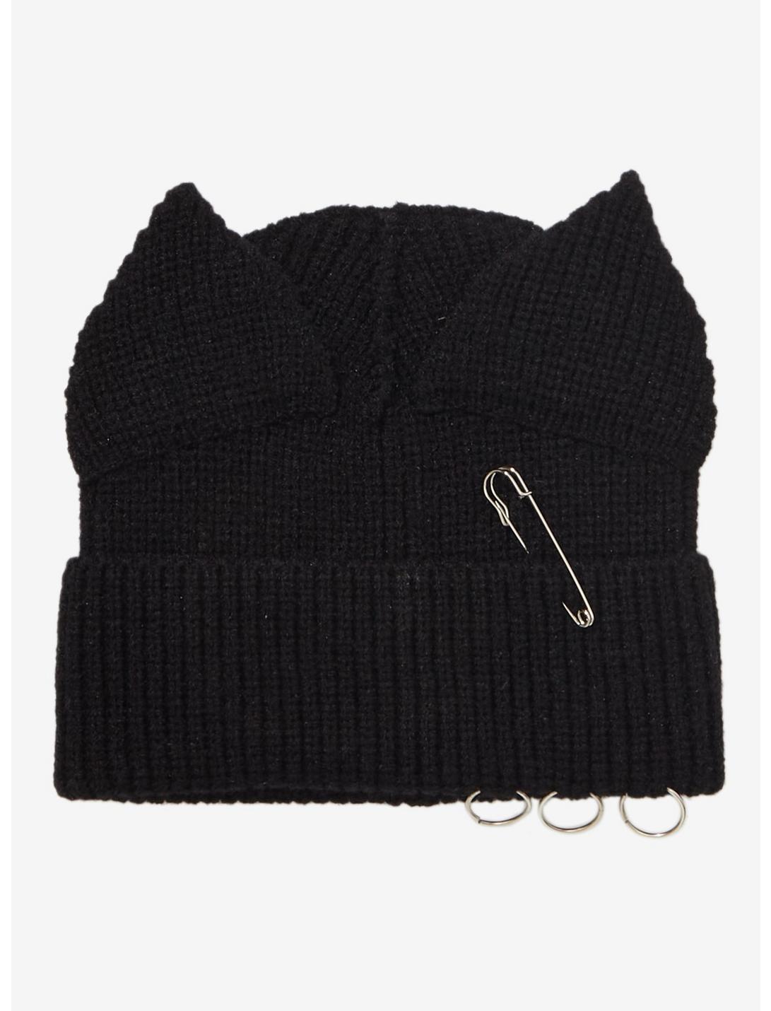 Black Cat Ear Pierced Knit Beanie, , hi-res