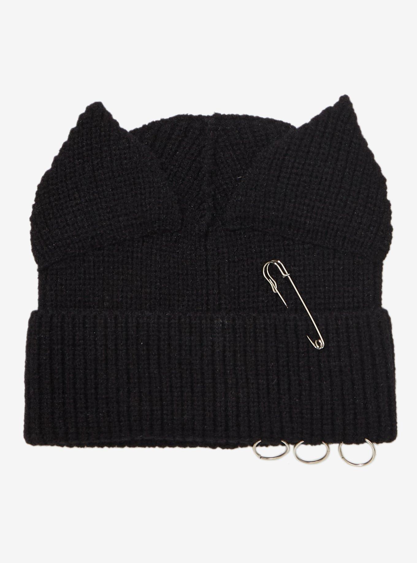 Black Cat Ear Pierced Knit Beanie, , hi-res