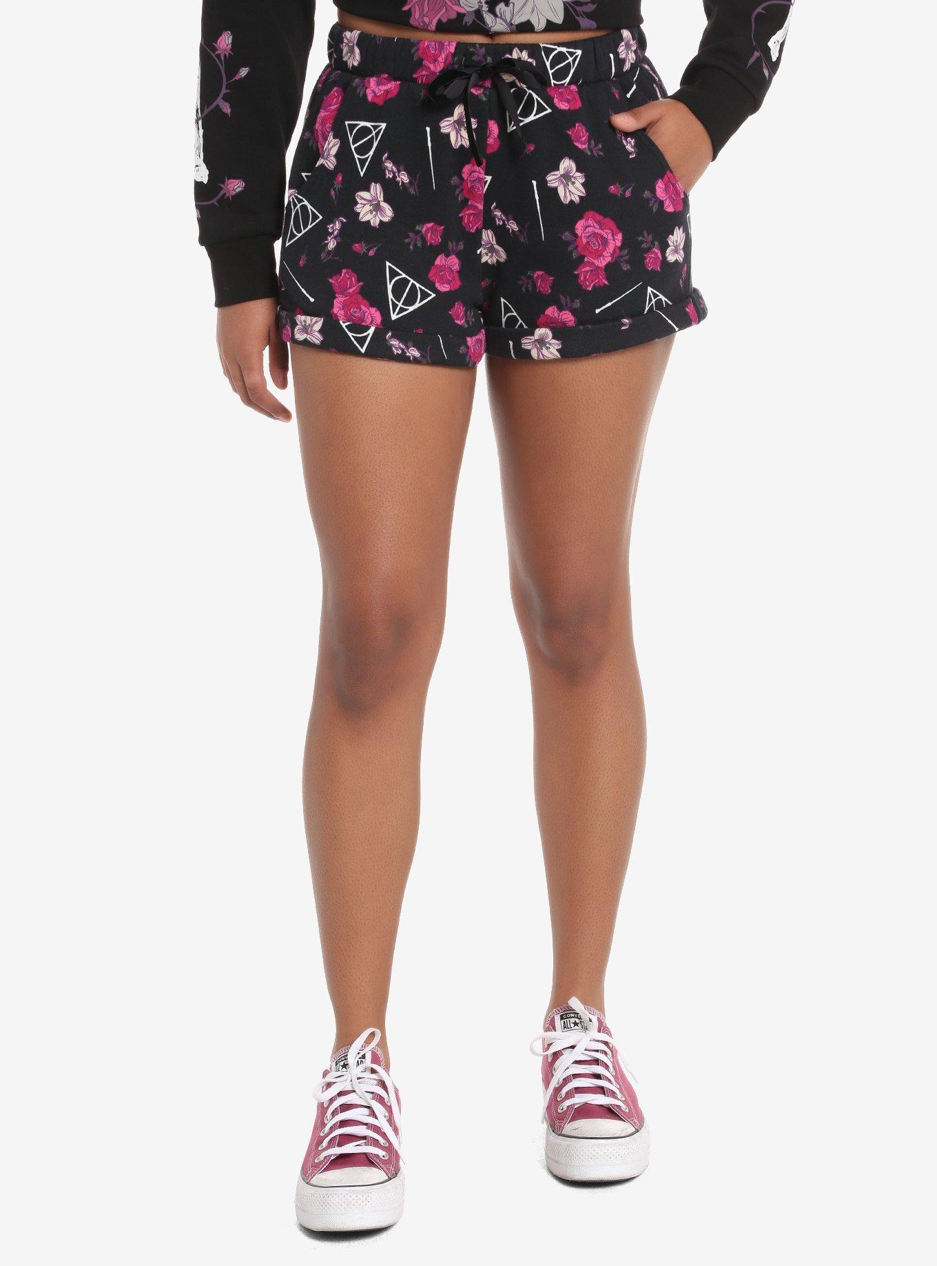 Harry Potter Deathly Hallows Floral Lounge Shorts, BLACK, hi-res