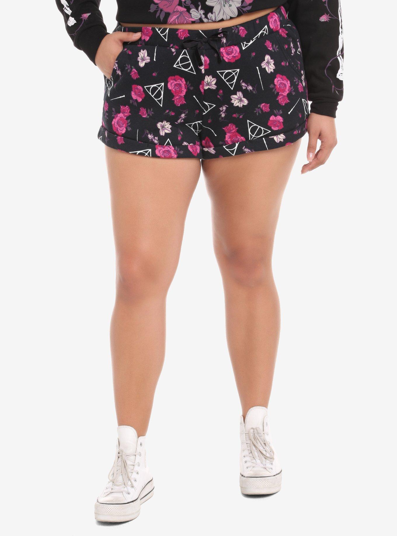 Harry Potter Deathly Hallows Floral Lounge Shorts Plus Size, BLACK, hi-res