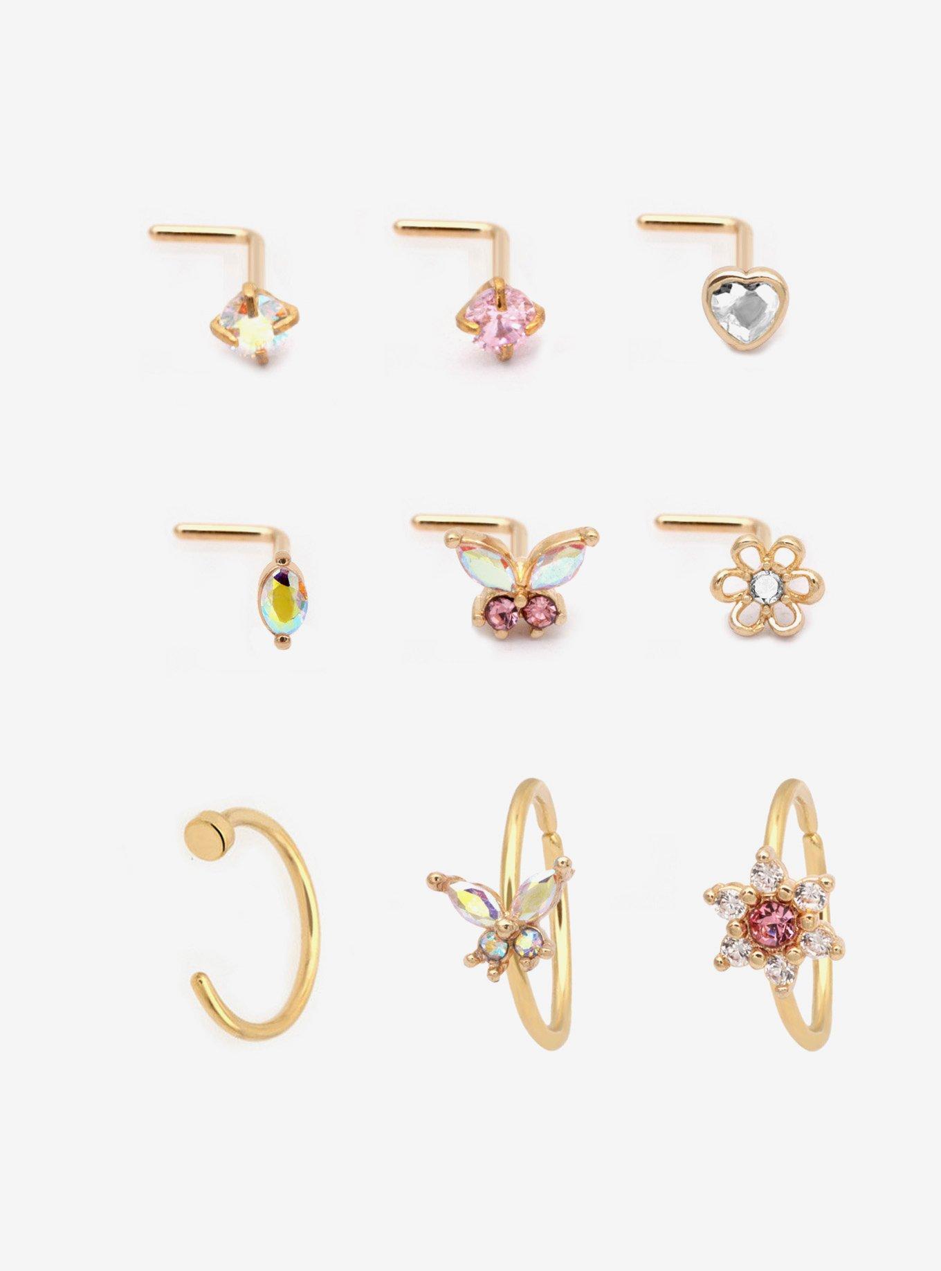 Steel Butterfly Heart Gem Nose Stud & Hoop 9 Pack, MULTI, hi-res