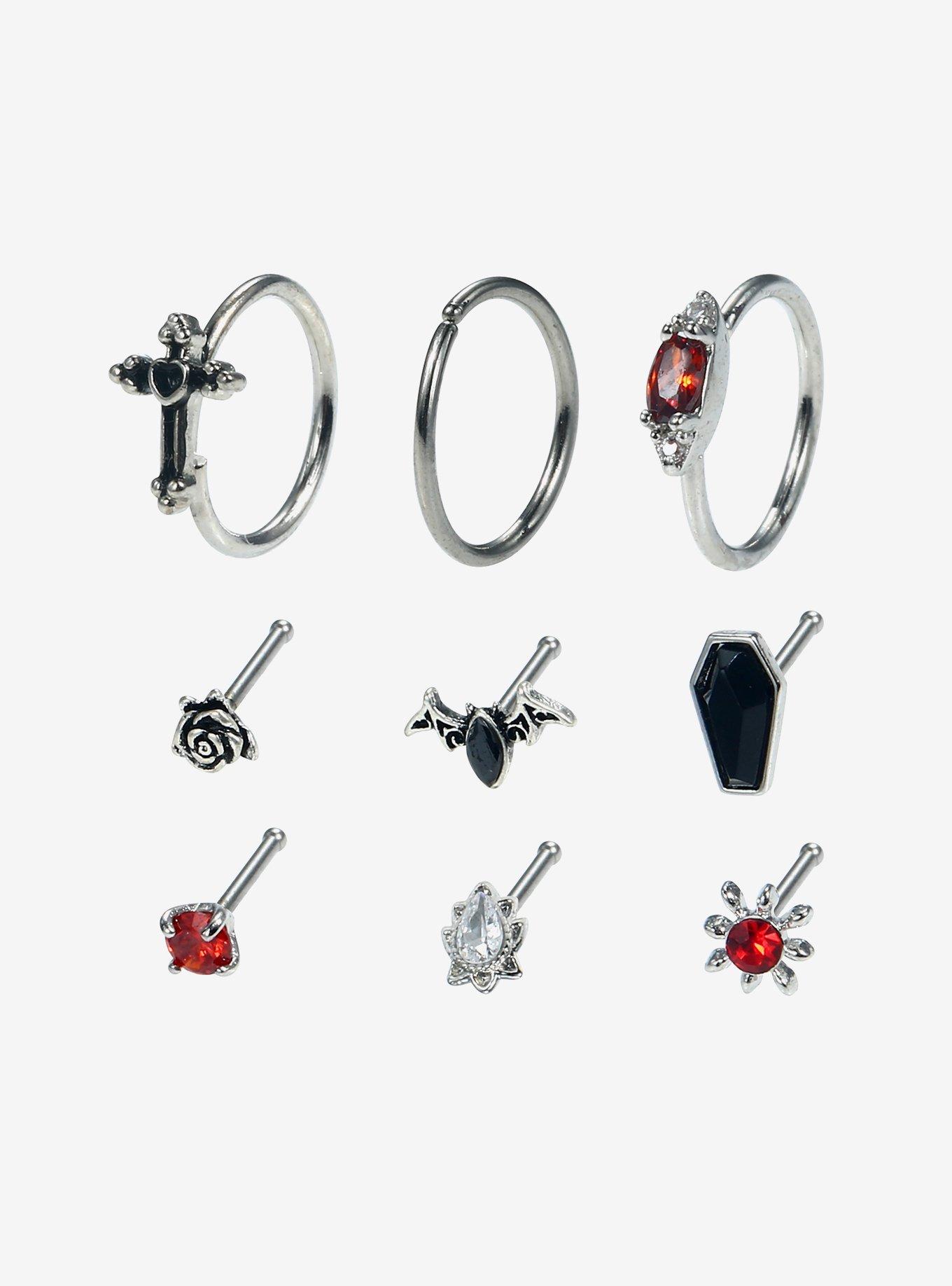 Steel Bat Coffin Rose Nose Stud & Hoop 9 Pack, MULTI, hi-res