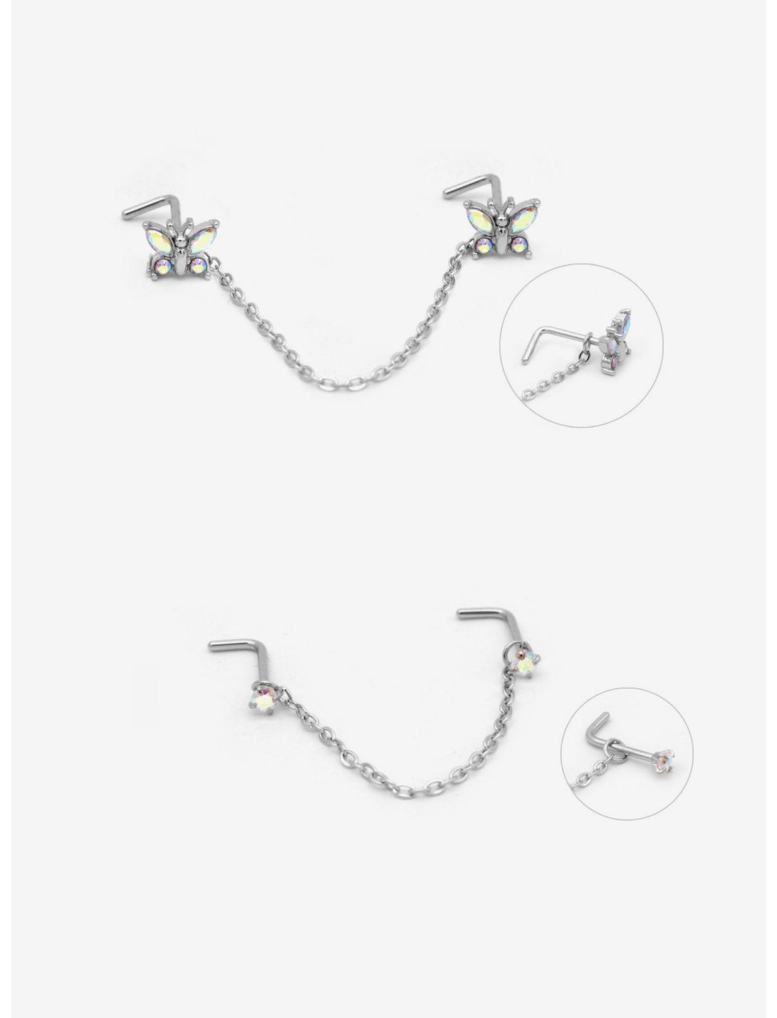 Steel Butterfly Gem Chain Nose Stud 2 Pack, MULTI, hi-res