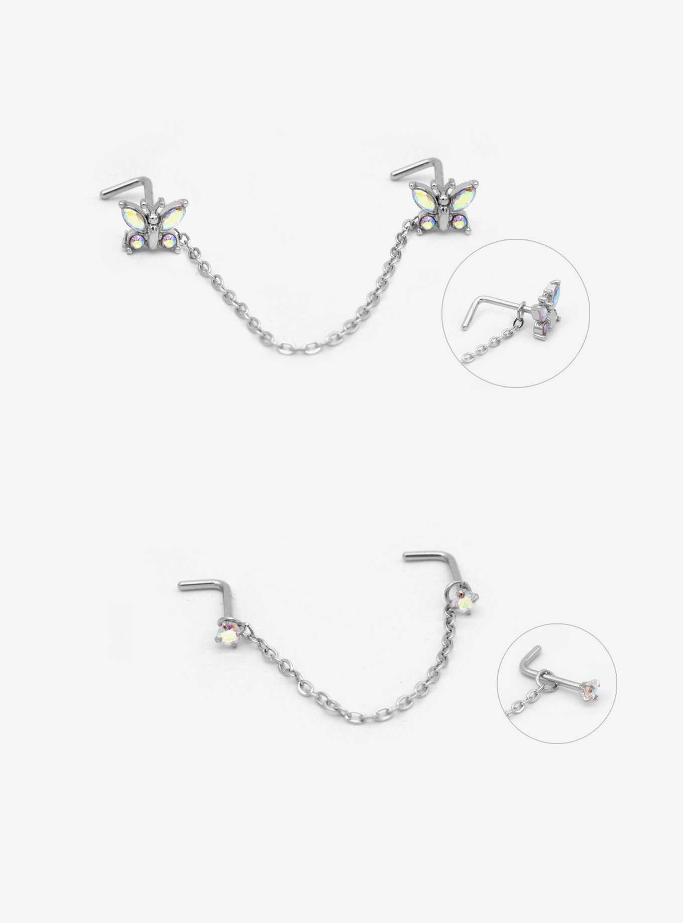 Steel Butterfly Gem Chain Nose Stud 2 Pack, , hi-res