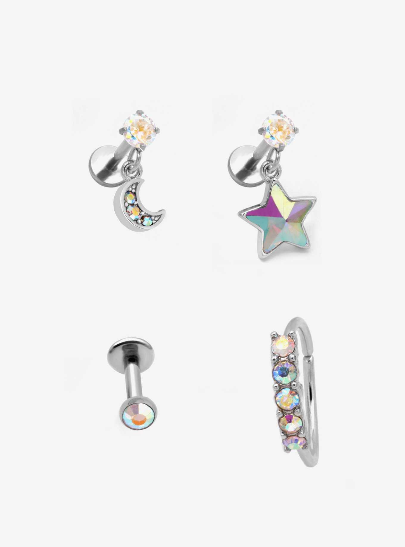 18G Steel Celestial Gem Labret Stud & Hoop 4 Pack, , hi-res