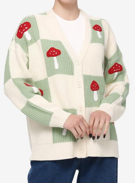 Thorn & Fable Mushroom Checkered Girls Cardigan | Hot Topic