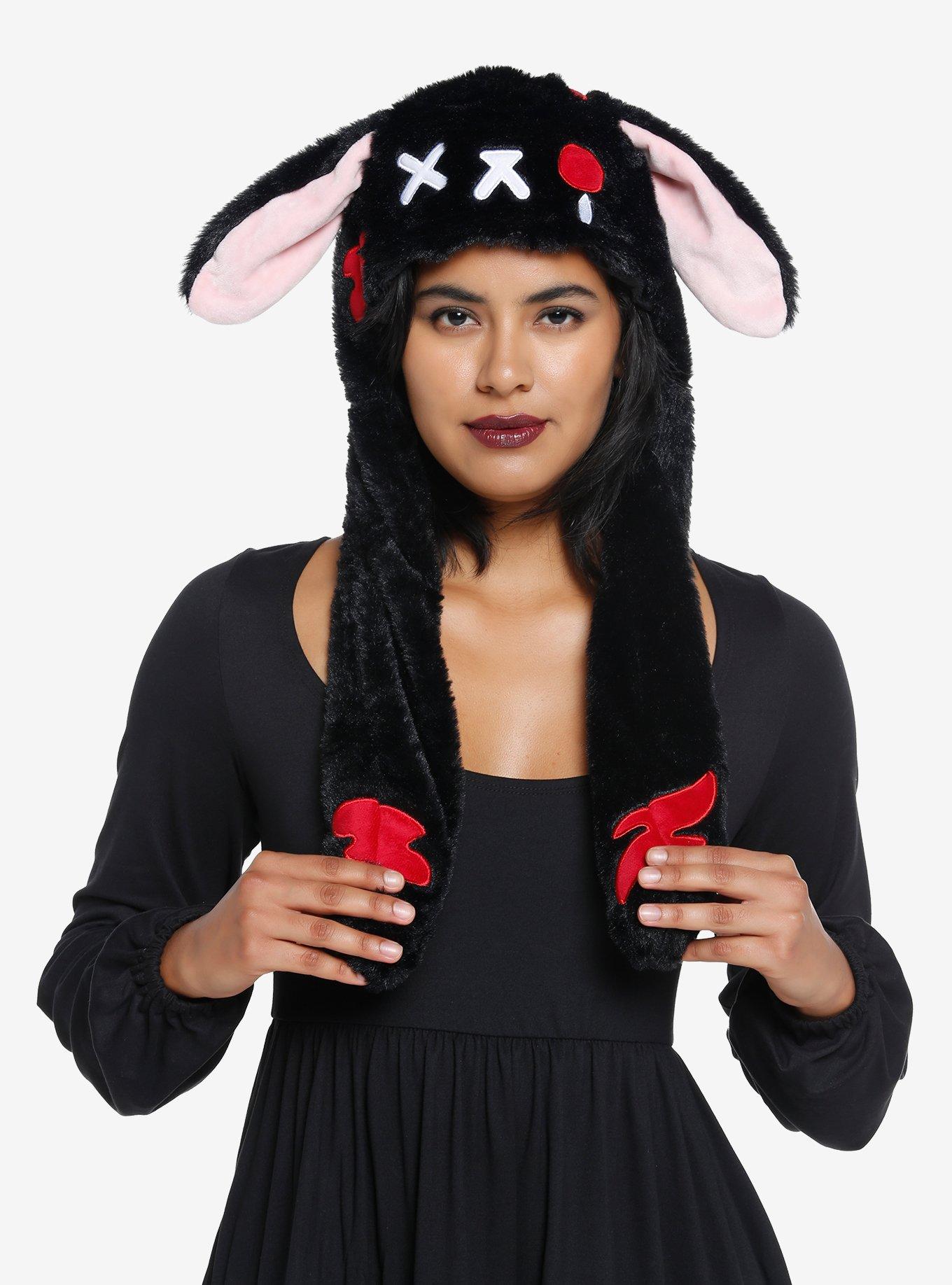 Black Goth Bunny Tassel Fuzzy Beanie, , hi-res