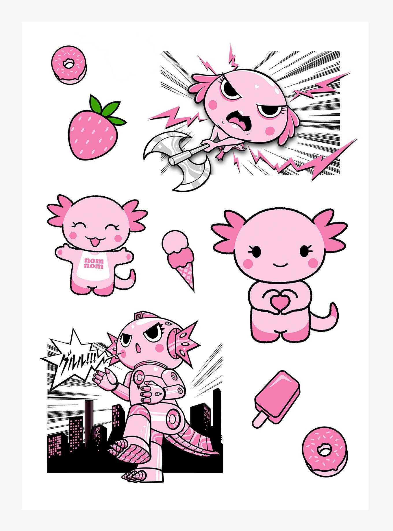 Cute Strawberry Axolotl Kiss-Cut Sticker Sheet - WHITE