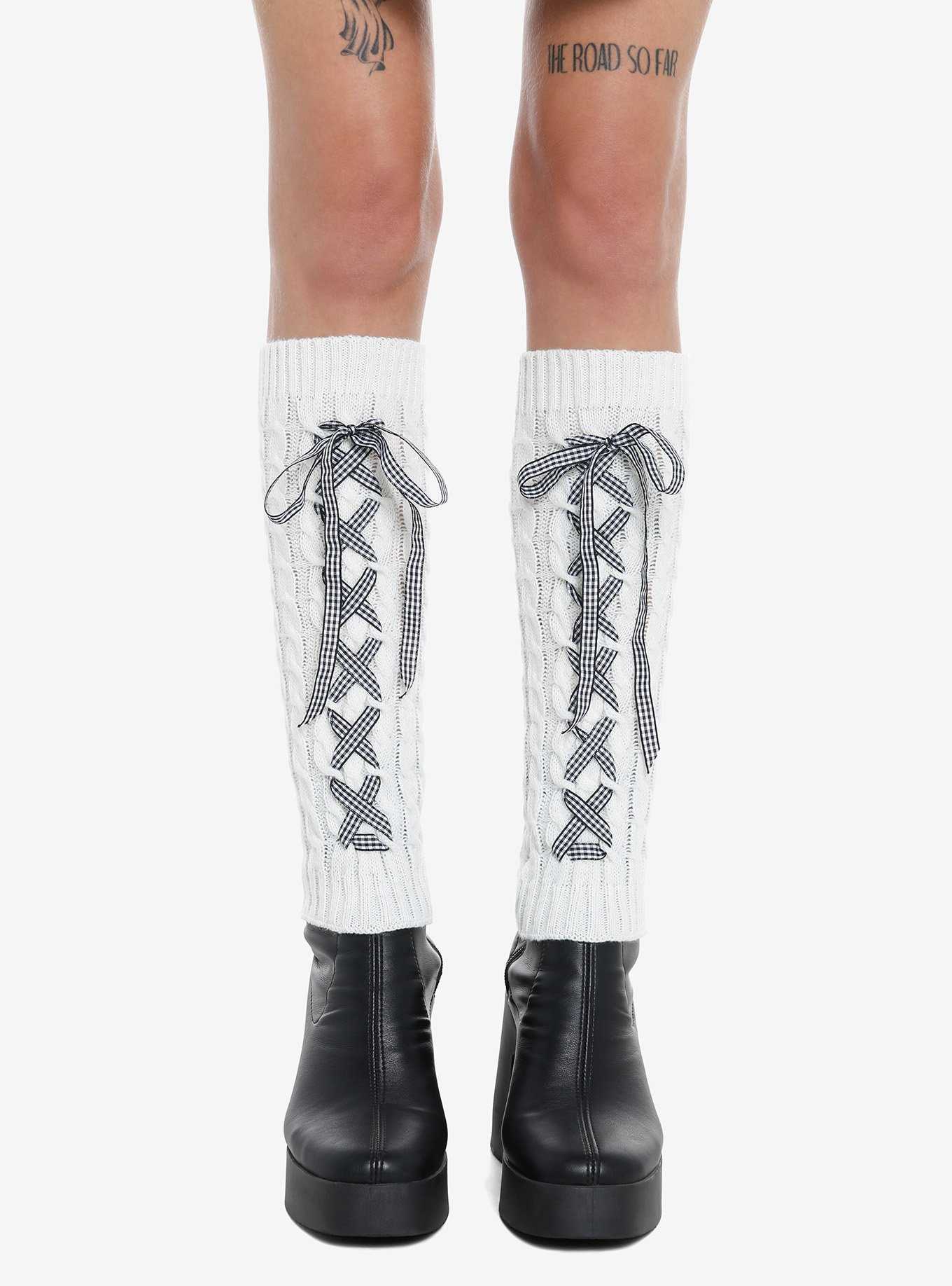 Gingham Lace-Up Cream Cable Knit Leg Warmers, , hi-res