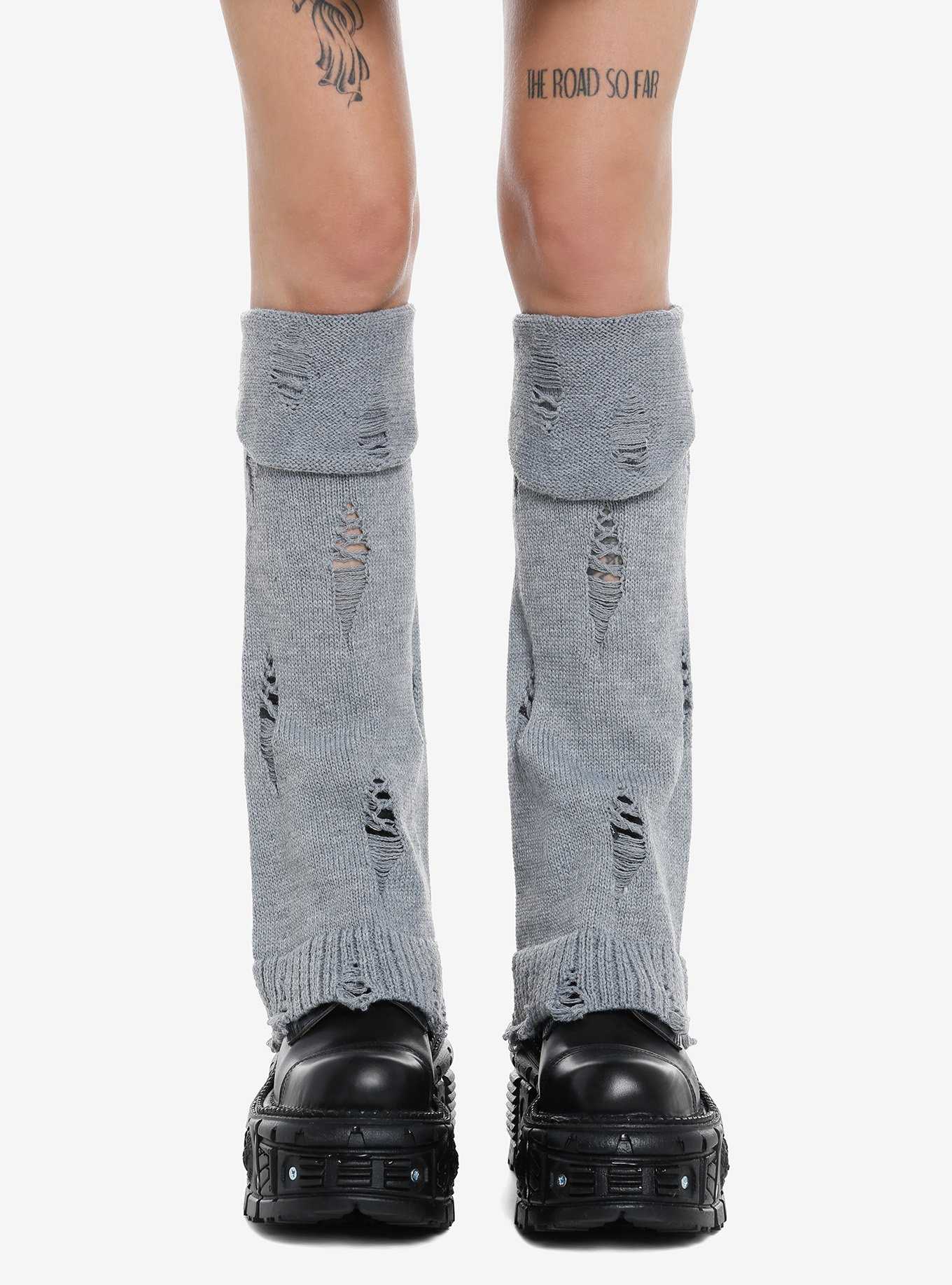 Grey Distressed Flared Leg Warmers, , hi-res