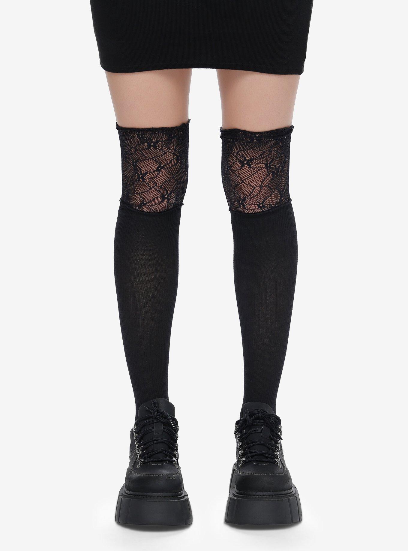 Black Extended Lace Knee-High Socks, , hi-res