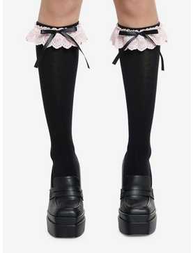 Pink Lace Black Bow Knee-High Socks, , hi-res