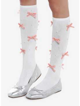 Pink Bows Pearl Beads Knee-High Socks, , hi-res