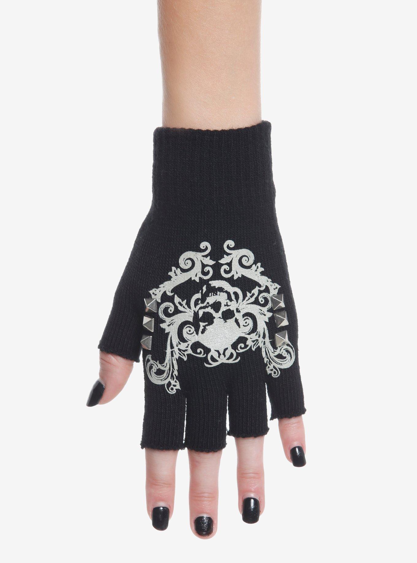 Skull Filigree Stud Fingerless Gloves, , hi-res