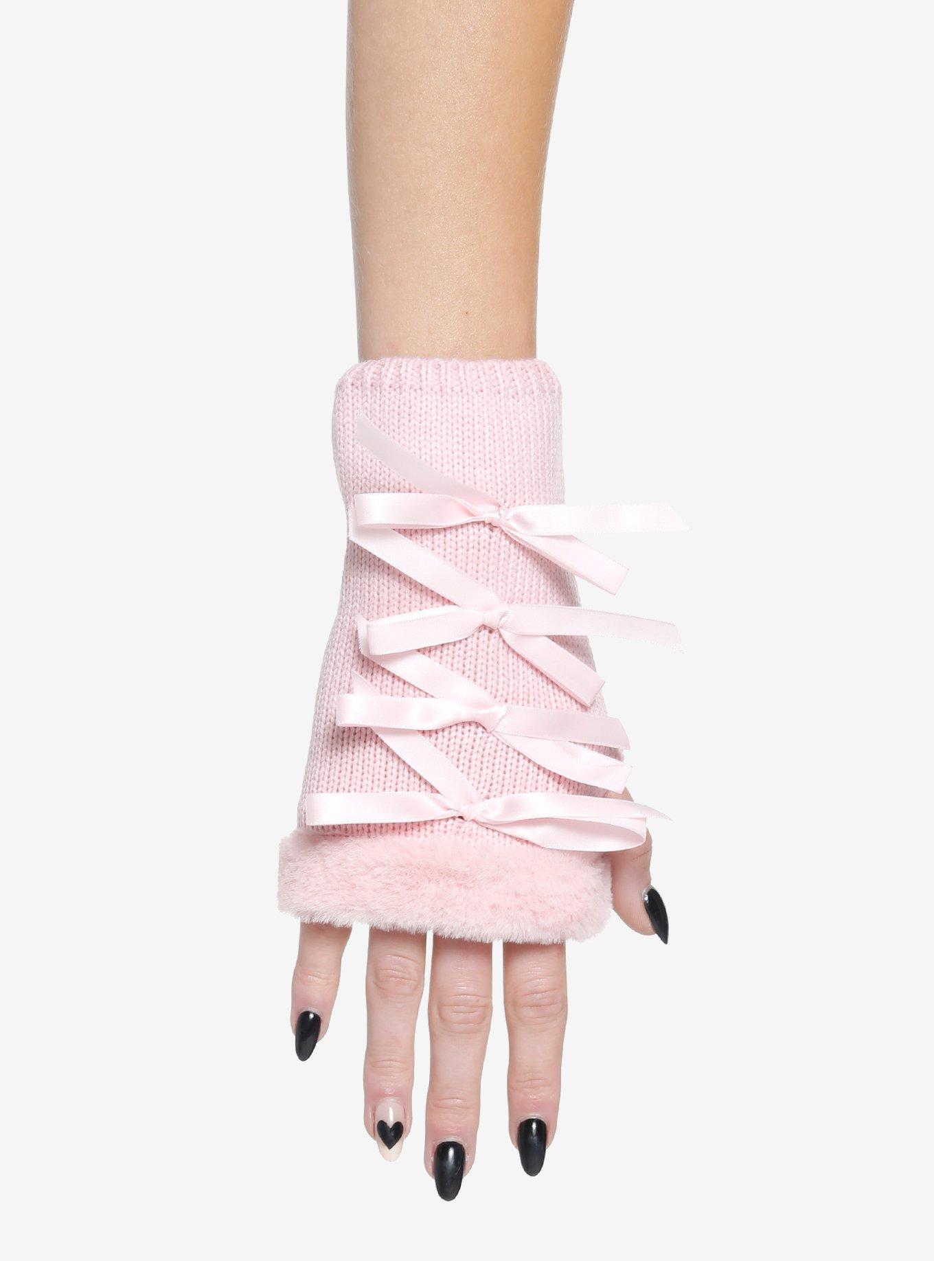 Pink Cat Paws Bow Fingerless Gloves