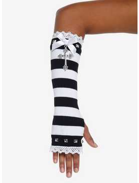 Black & White Stripe Bow Cross Arm Warmers, , hi-res