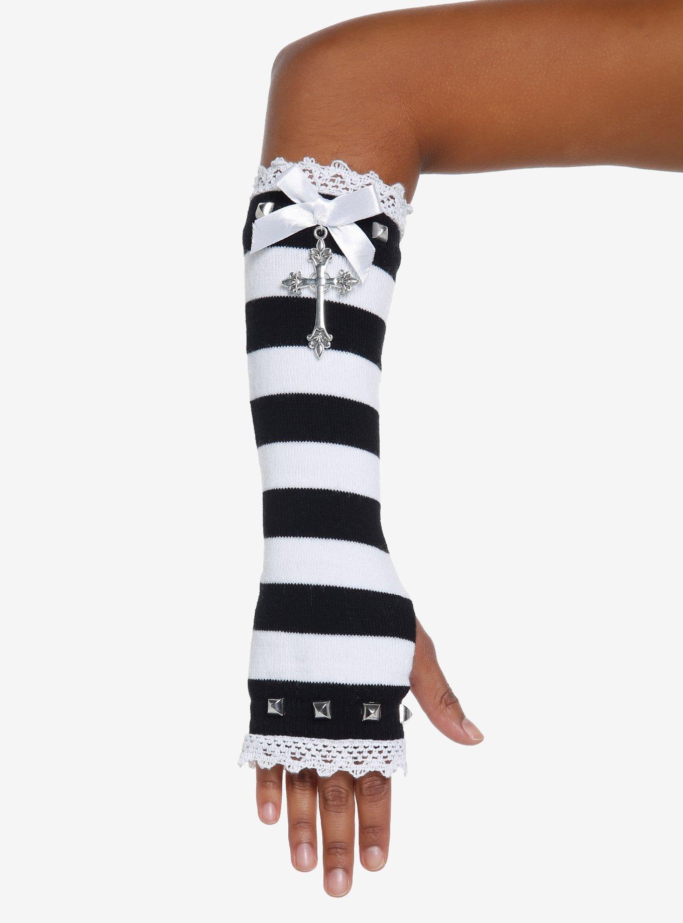 Black & White Stripe Bow Cross Arm Warmers, , hi-res