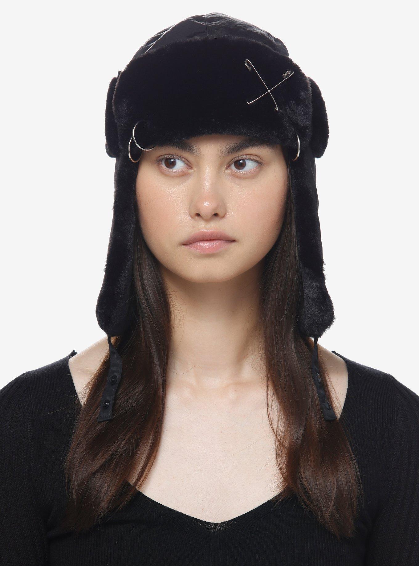Black Pierced Faux Fur Aviator Hat, , hi-res