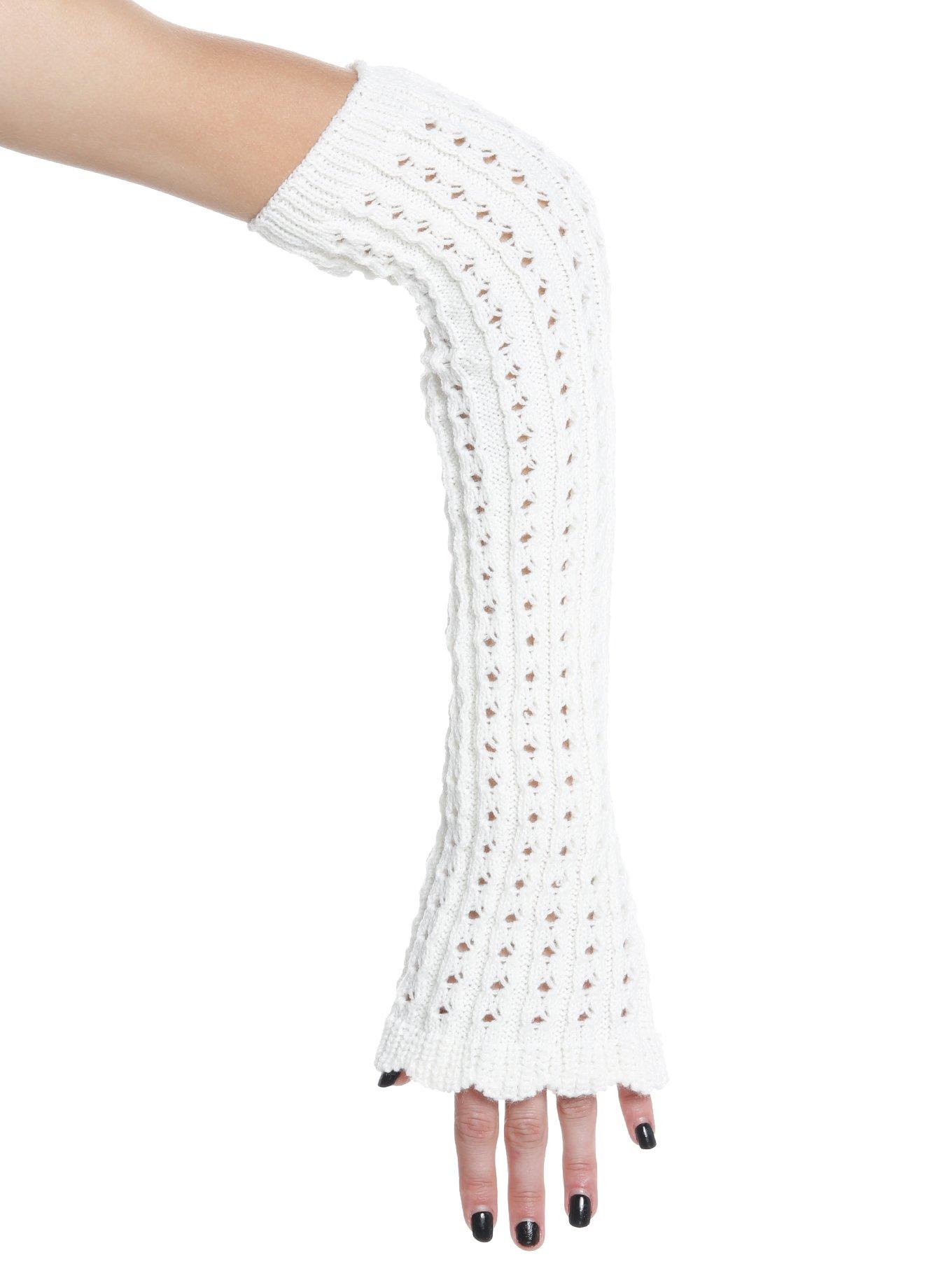 Cream Waffle Knit Ruffle Trim Arm Warmers, , hi-res