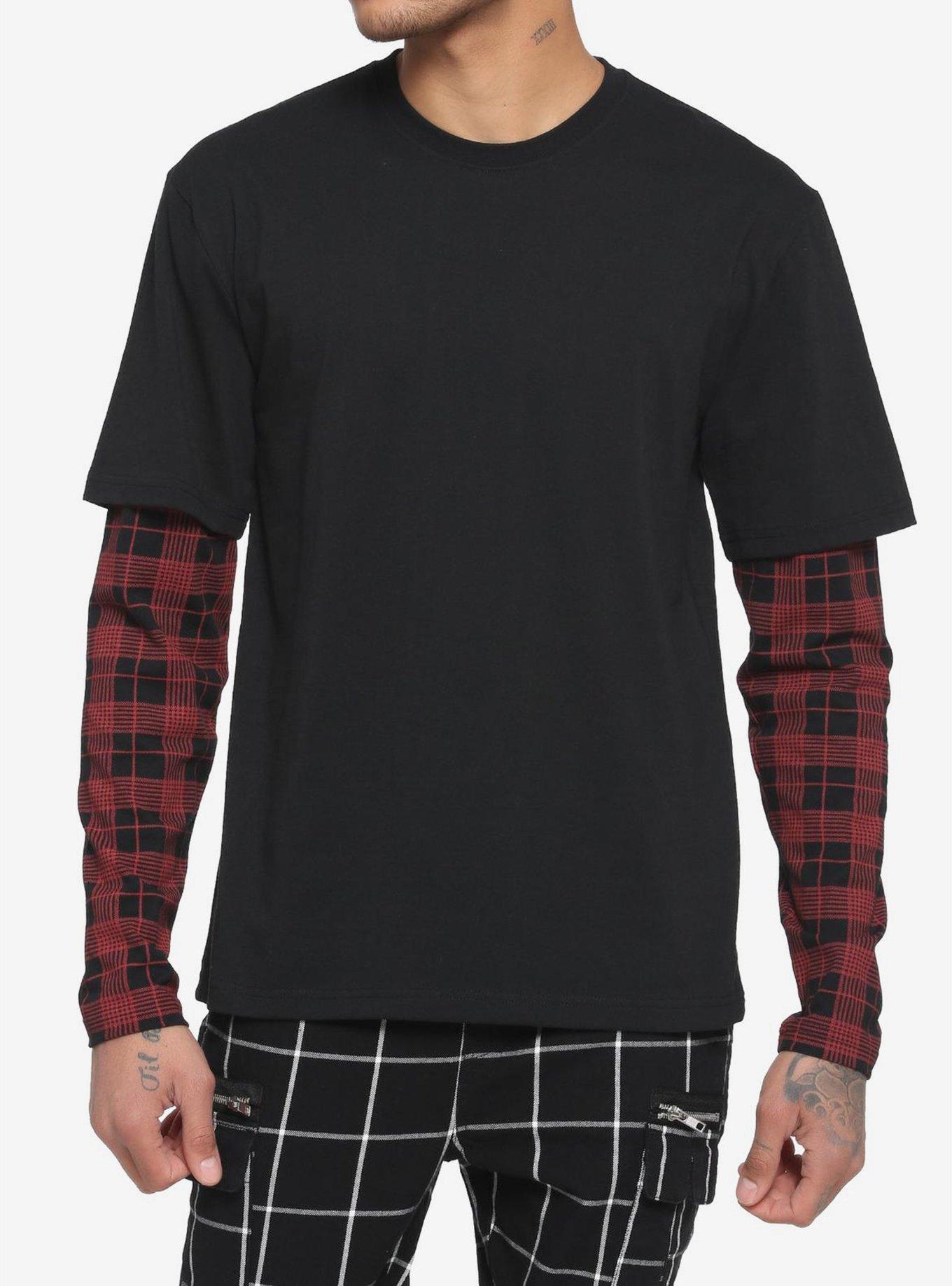 Black & Red Plaid Sleeve Twofer Long-Sleeve T-Shirt, BLACK  RED, hi-res