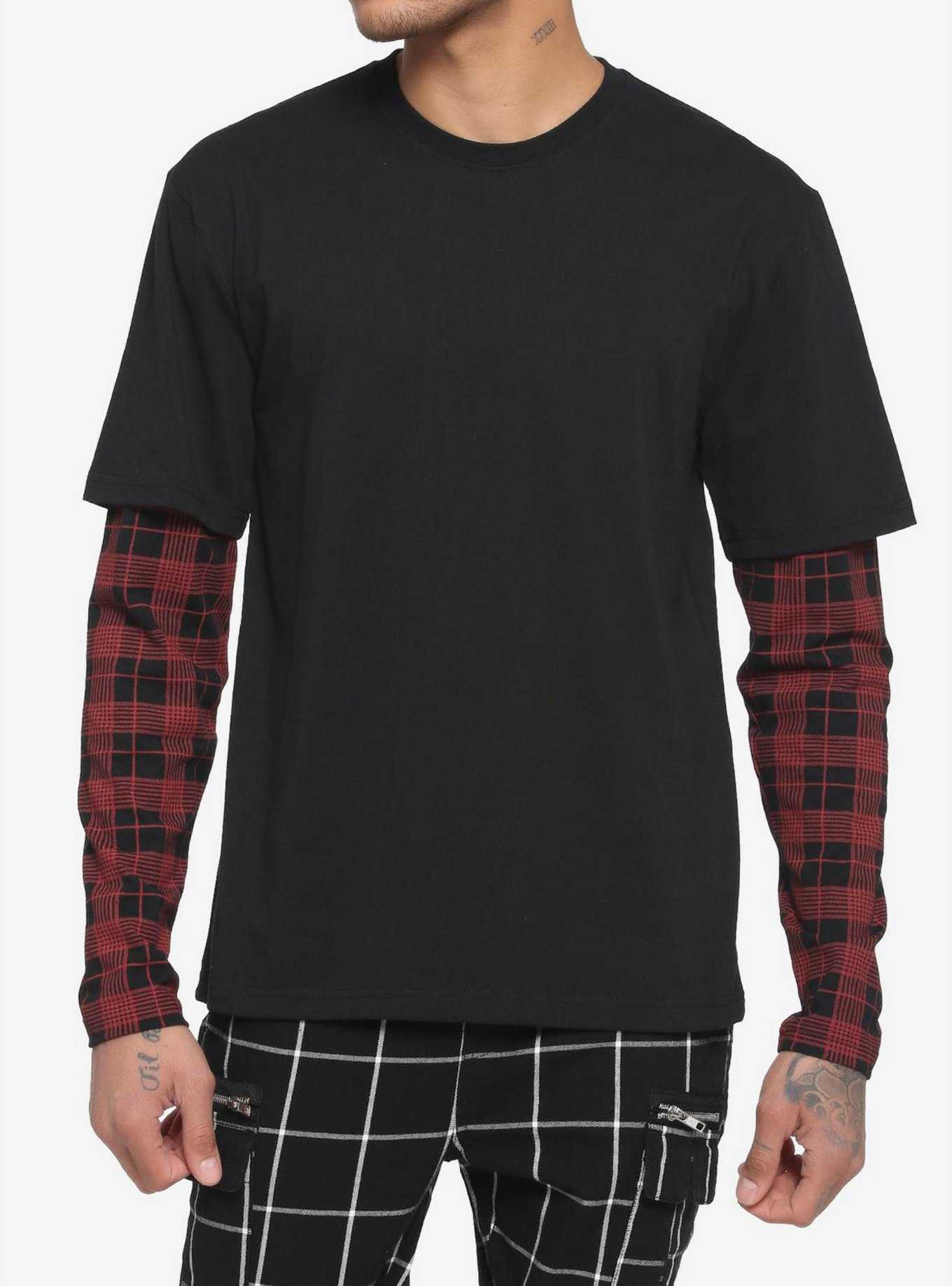 Black & Red Plaid Sleeve Twofer Long-Sleeve T-Shirt, , hi-res