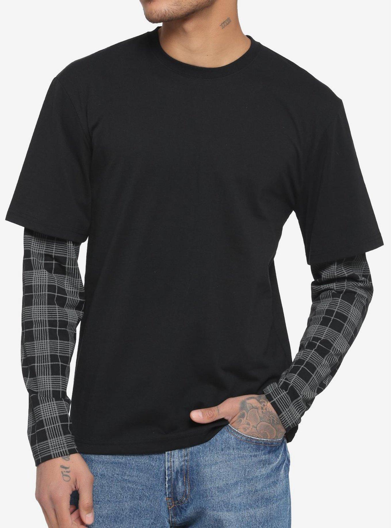 Black & Grey Plaid Sleeve Twofer Long-Sleeve T-Shirt