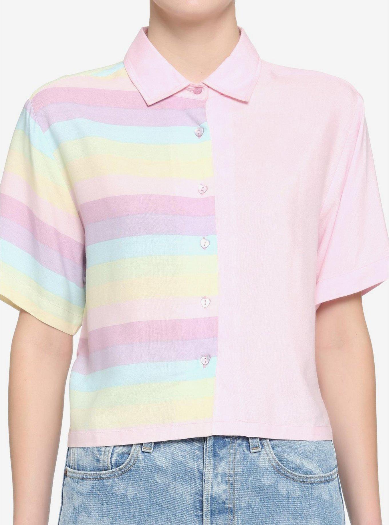 Pastel Stripe Split Boxy Girls Crop Woven Button-Up, , hi-res