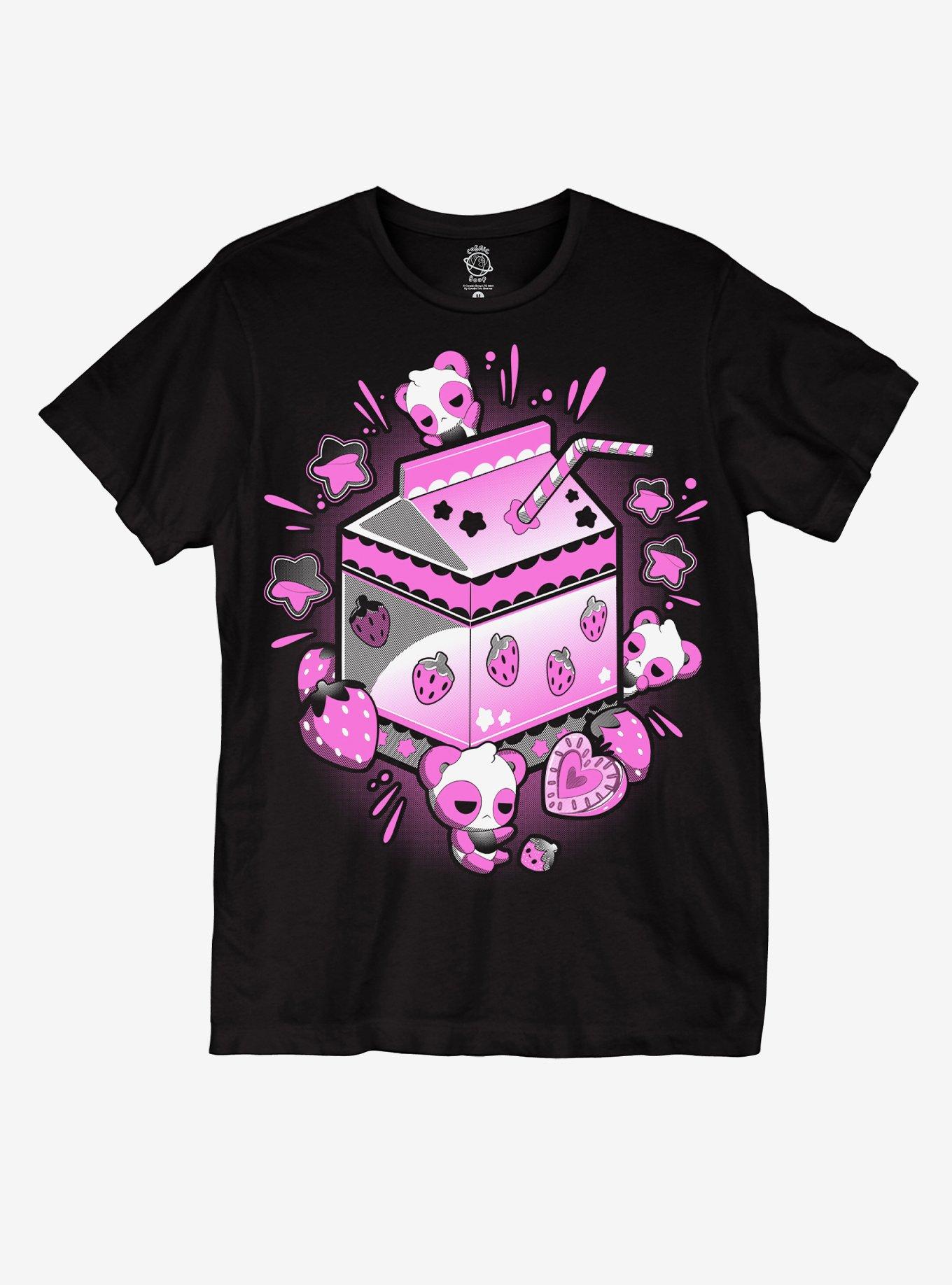 Panda Strawberry Milk T-Shirt By Cosmic Boop, BLACK, hi-res