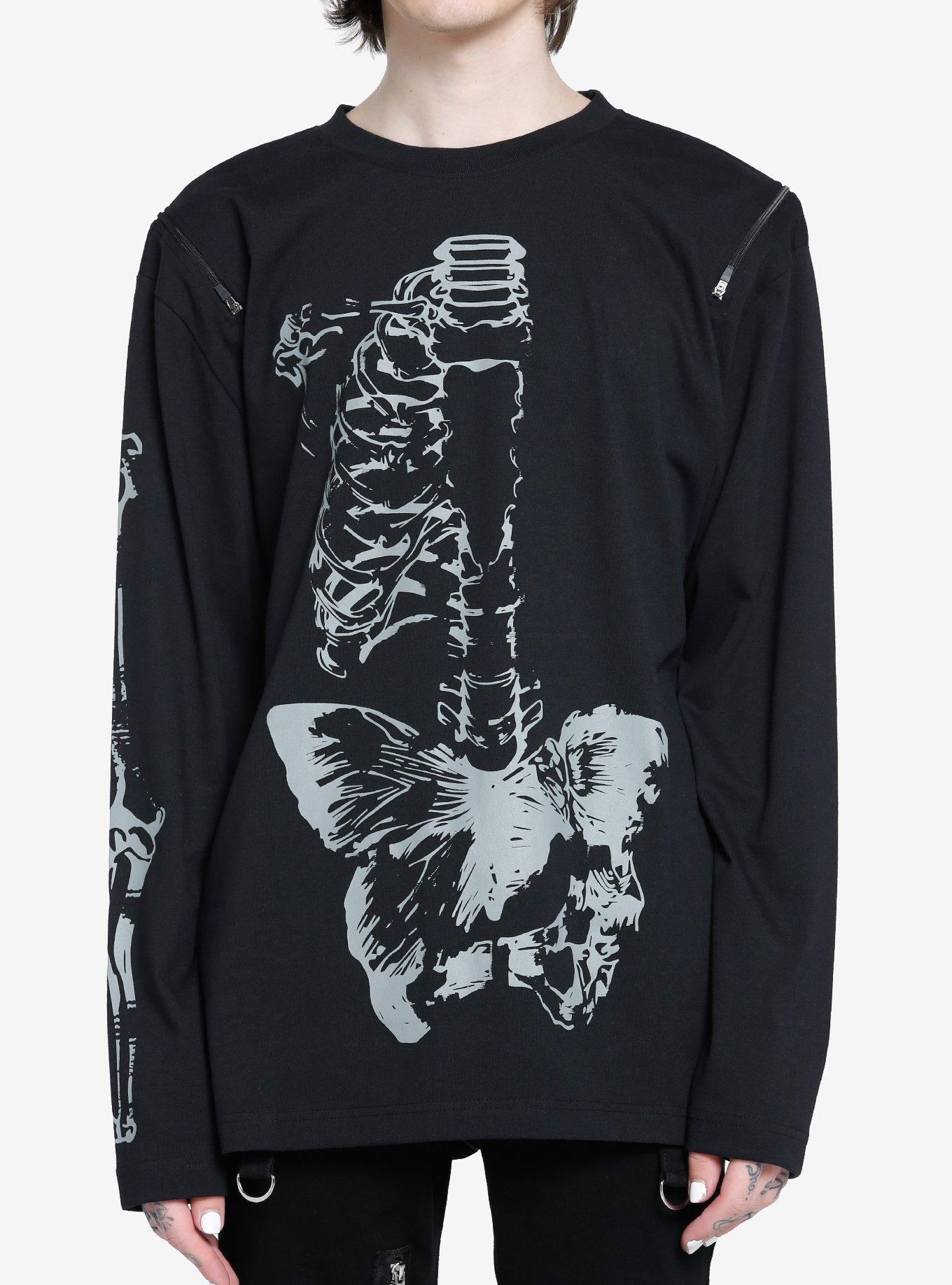 Skeleton Butterfly Zipper Cutout Long-Sleeve T-Shirt, WHITE, hi-res