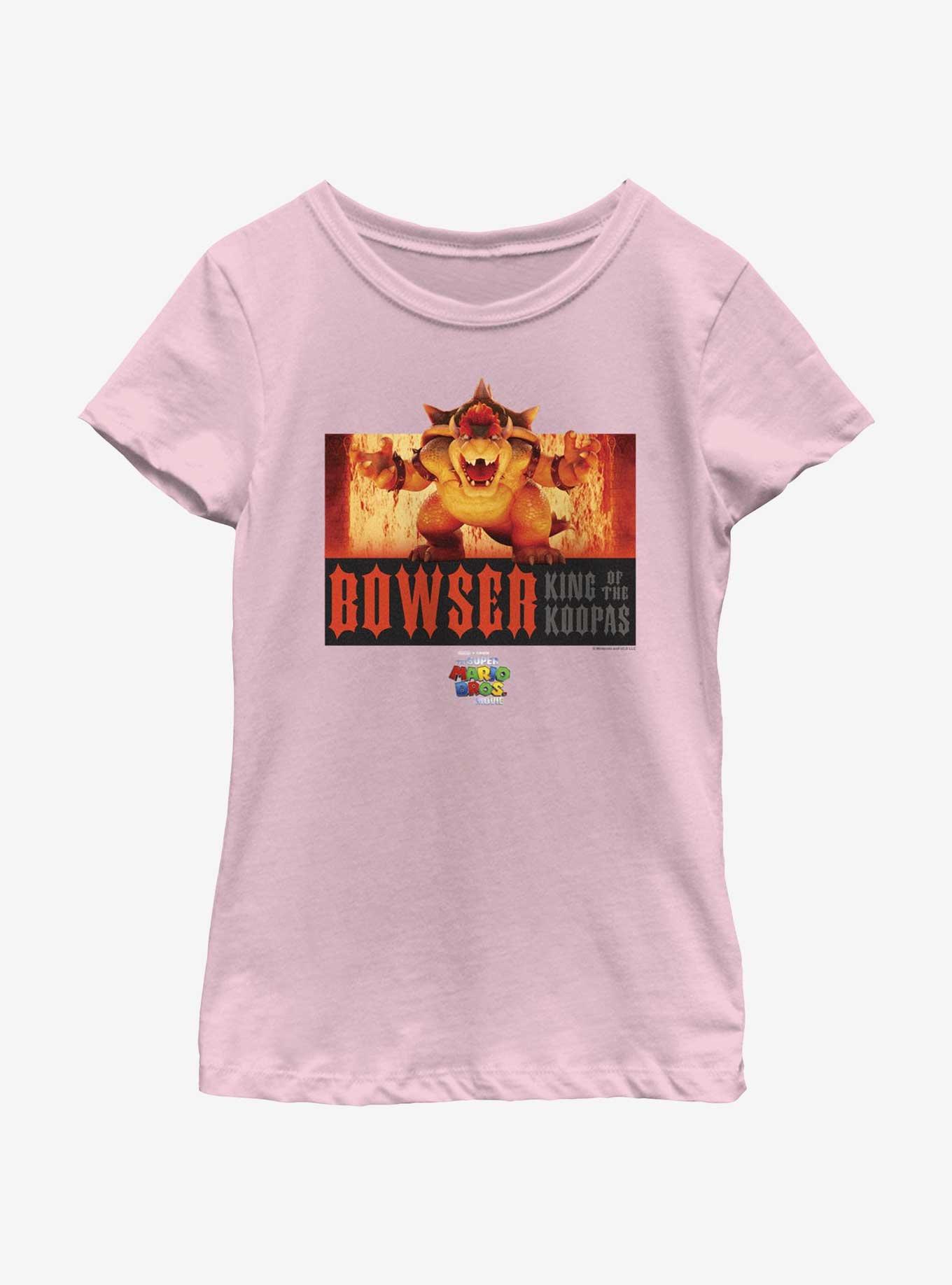 The Super Mario Bros. Movie Flaming King Bowser Poster Youth Girls T-Shirt, PINK, hi-res
