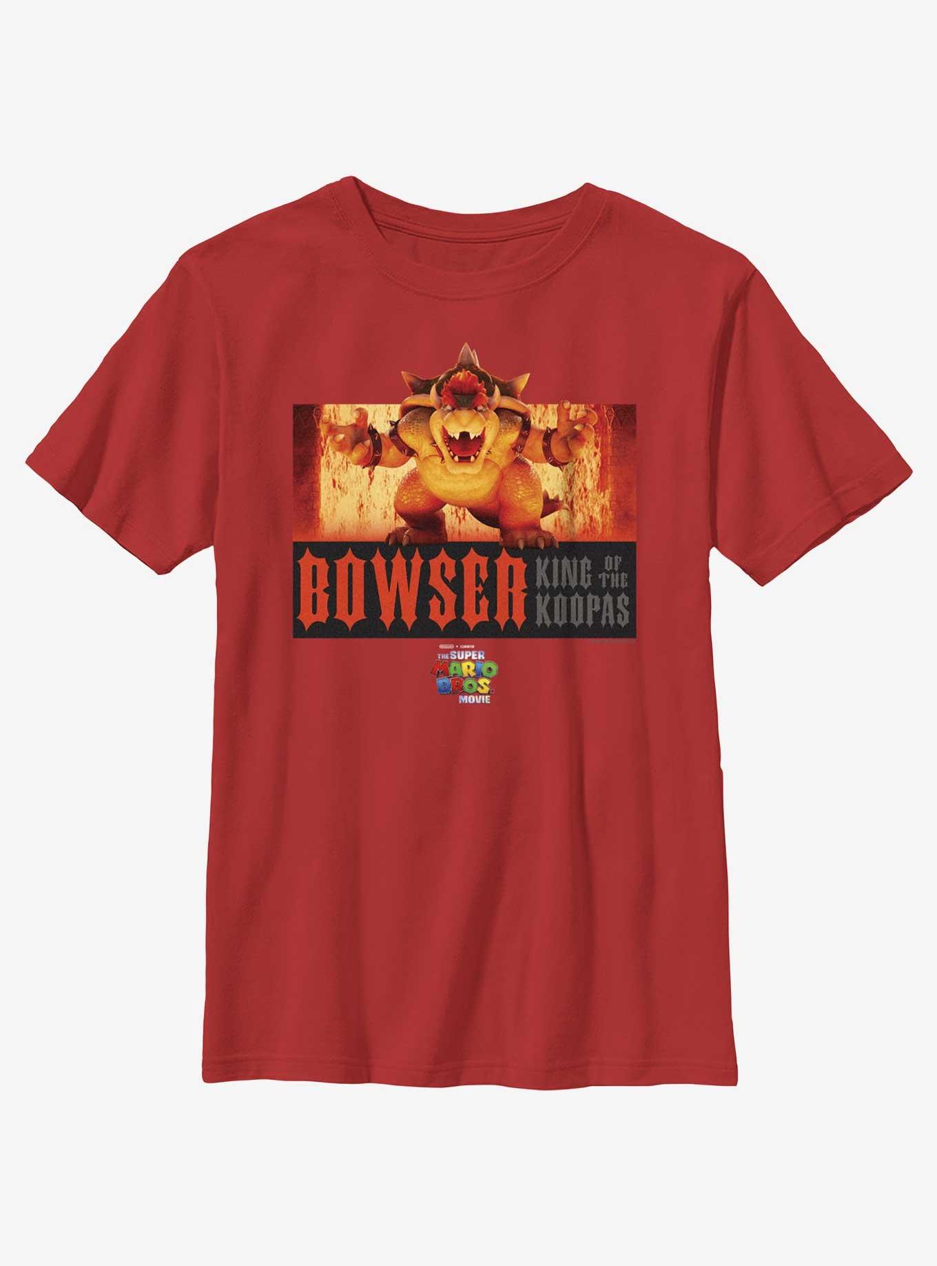 The Super Mario Bros. Movie Flaming King Bowser Poster Youth T-Shirt, RED, hi-res