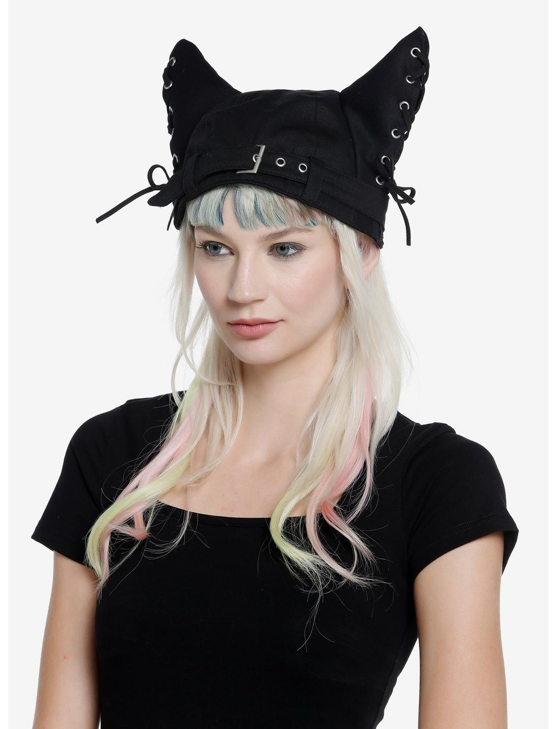 Black Lace-Up Ear Hat | Hot Topic