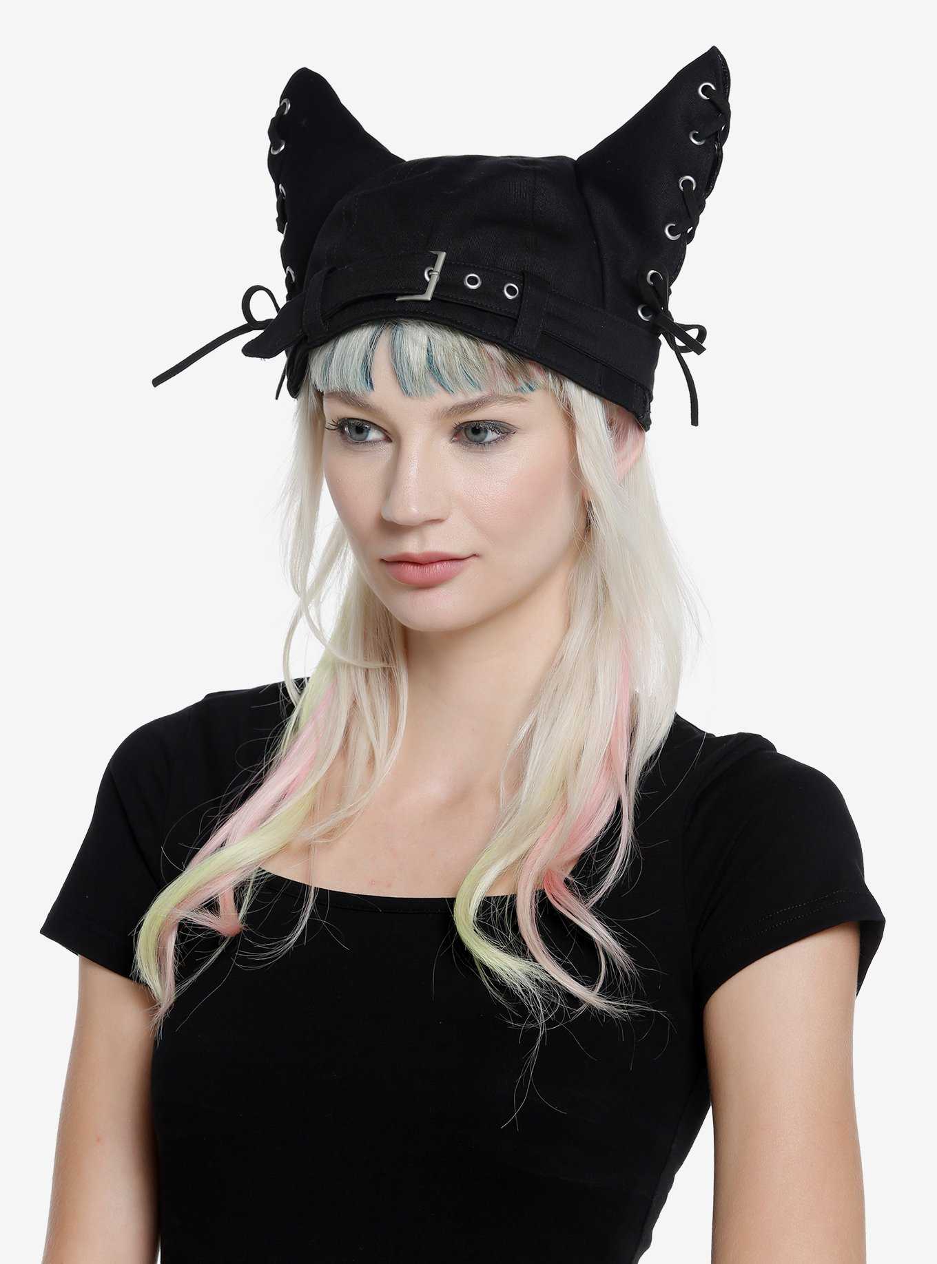 Black Lace-Up Ear Hat, , hi-res