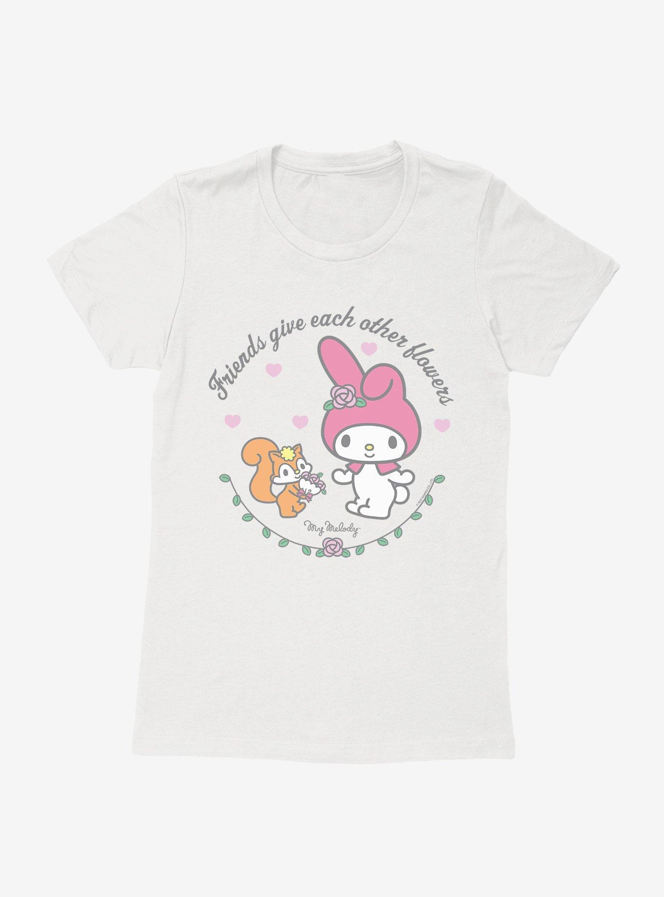 My Melody Friends Give Each Other Flowers Womens T-Shirt, WHITE, hi-res